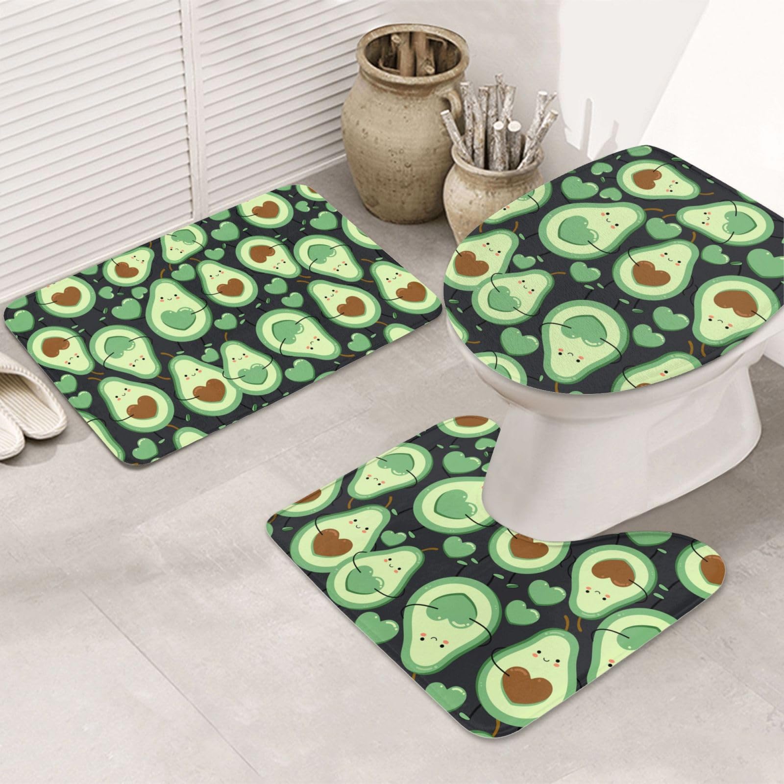 Tapis de bain 3 pièces antidérapants et absorbants à motif cœur d'avocat pour douche