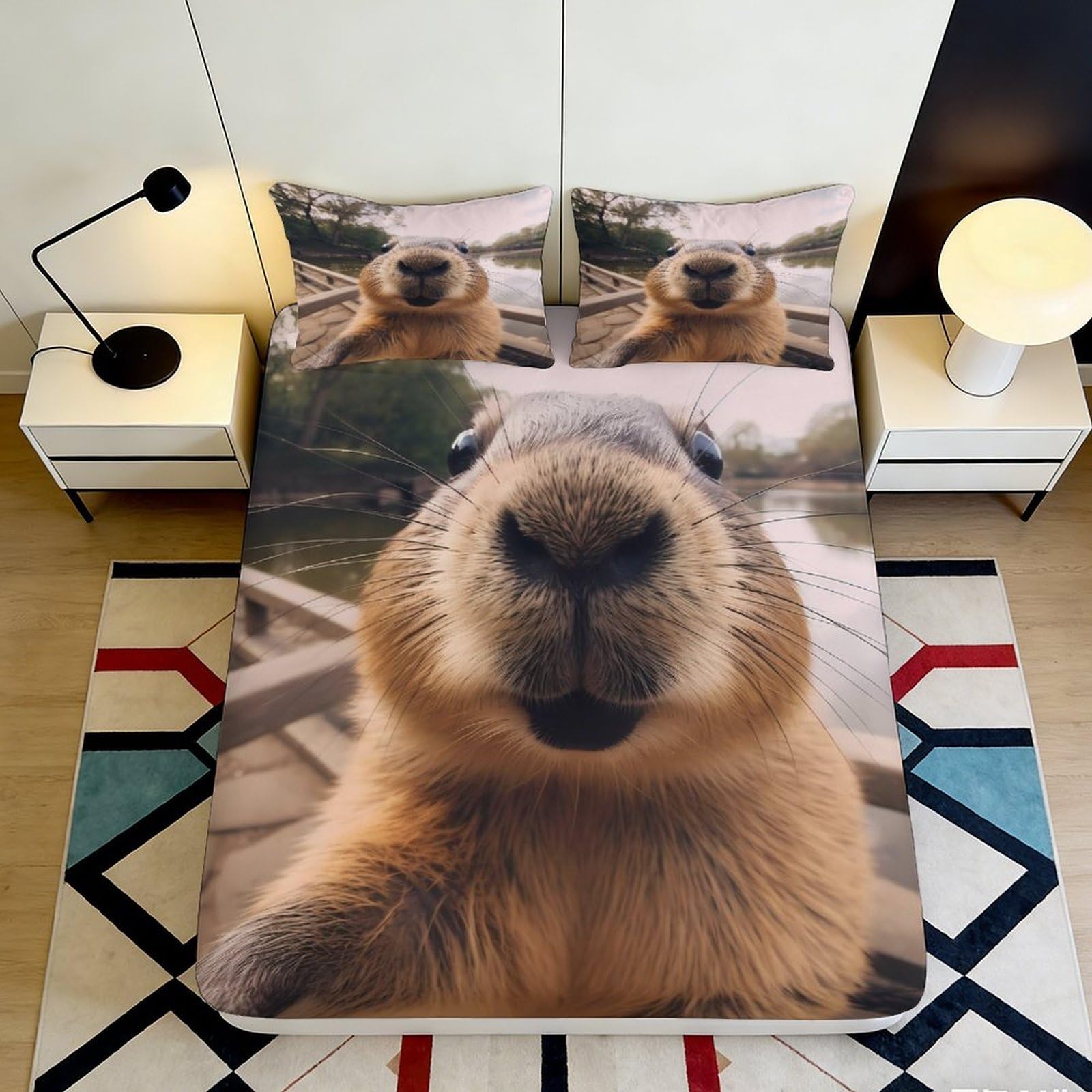3D Printed Capybara Selfie Fitted Sheet Microfiber Cartoon Animal Mattress Cover for Bedroom Guest Room Easy Care 90x200x25cm
