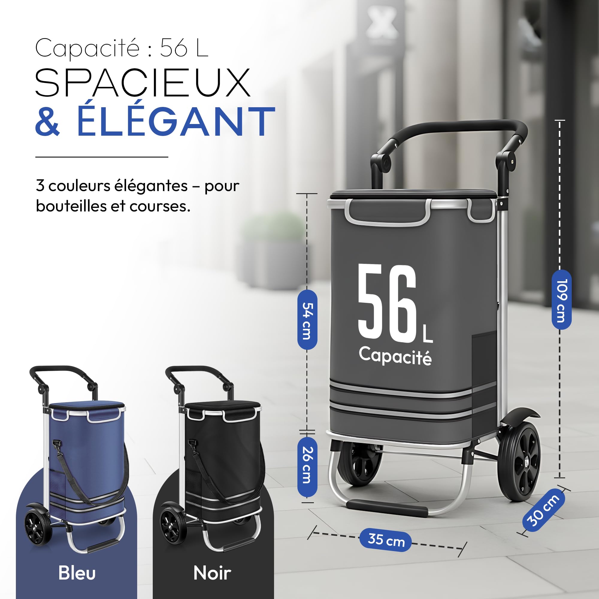 Dimono® Chariot de Courses Pliable 56 L avec Compartiment Isotherme | Trolley 3 en 1 amovible - caddie à roulettes imperméable - sac isotherme intégré - 30 kg