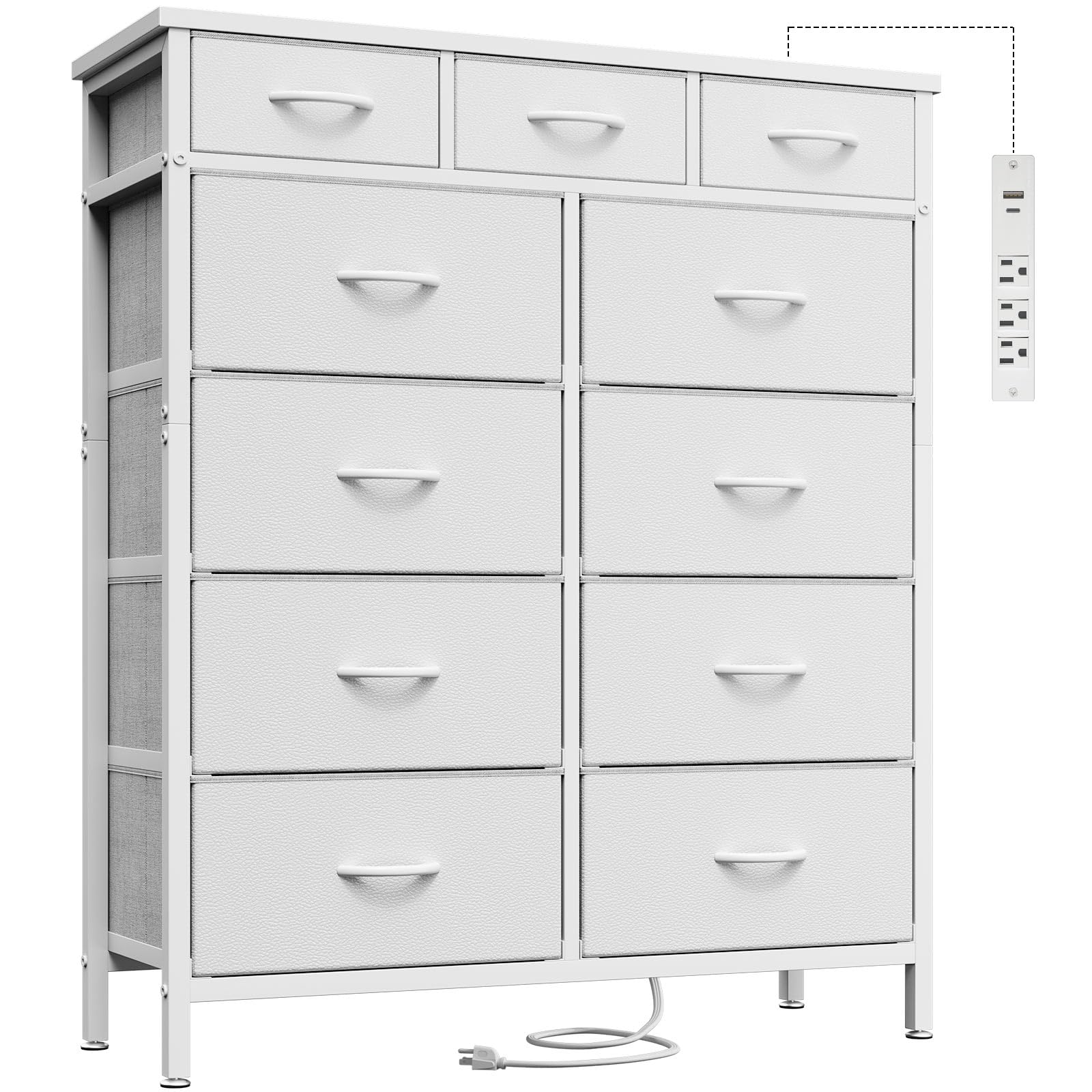 AODK Dresser with Charging Station, 52 Inches Tall Dresser for Bedroom with 11 Storage Drawers, Large Fabric Dressers for Hallway, White