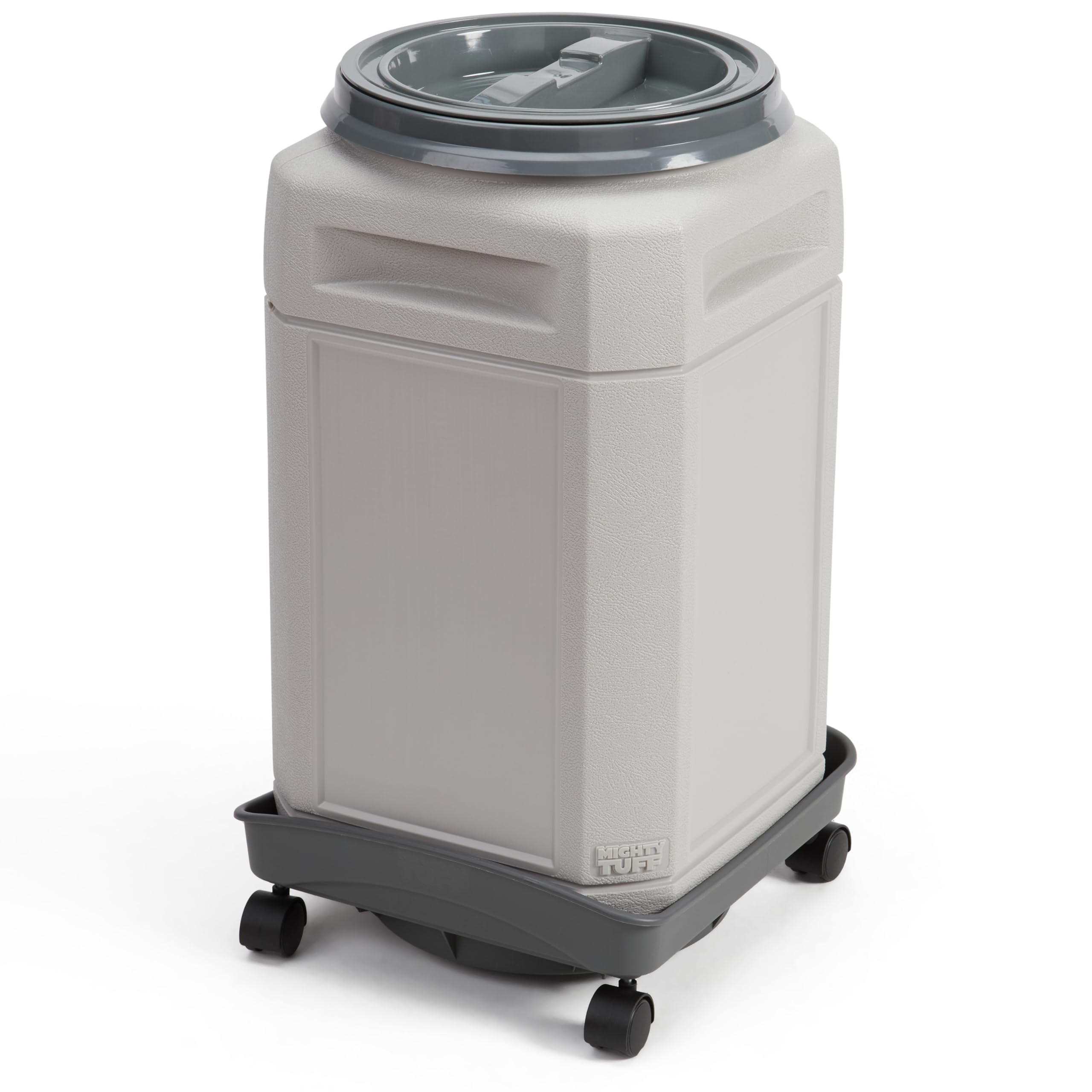 mighty tuff 13 gallon, 54 lbs capacity, bpa-free pet food storage container with rolling dolly on wheels and perfect portion scoop, mobile solution for air-tight pet food storage