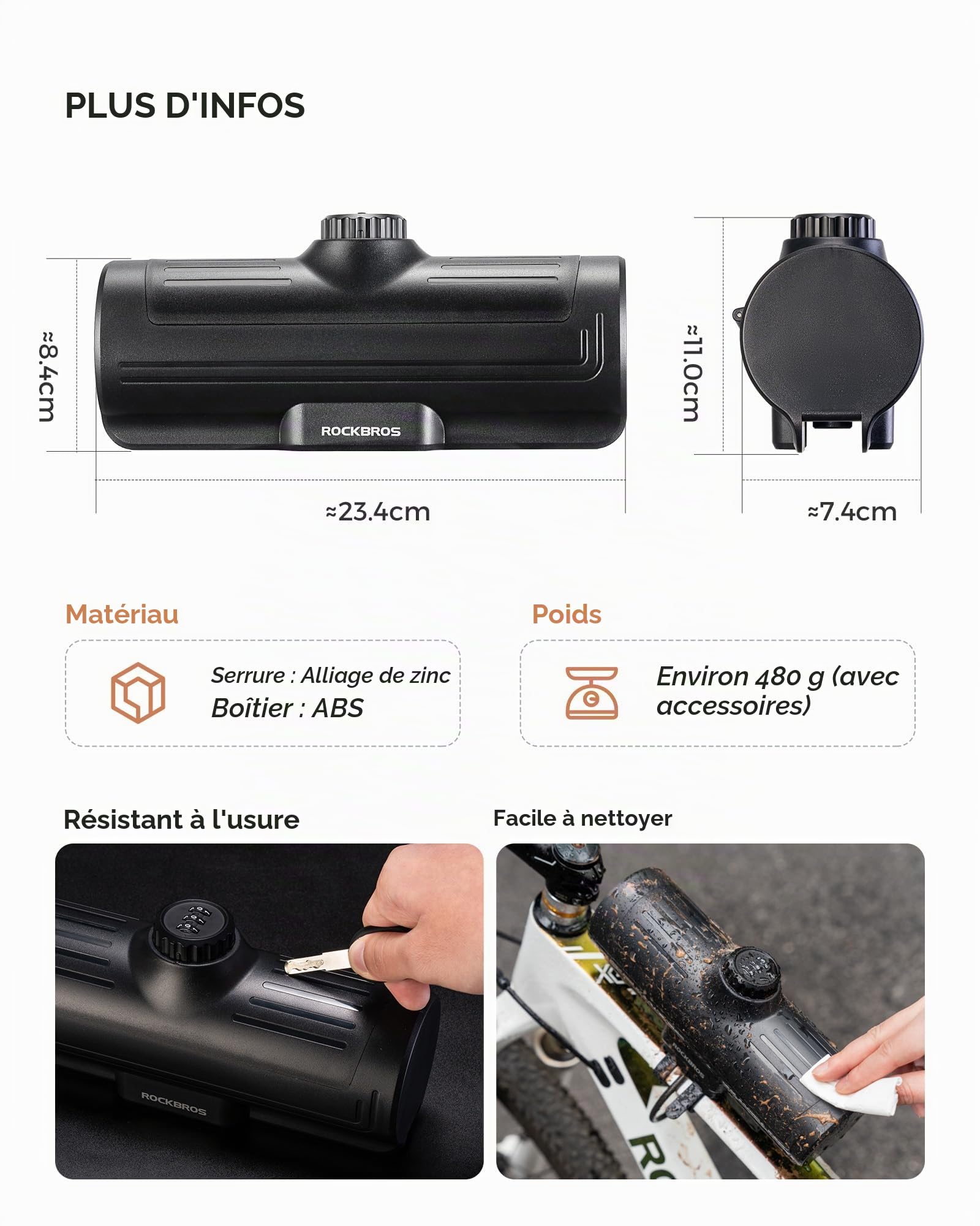 ROCKBROS Boîte de Cadre de Vélo 0,7L Étanche avec Cadenas à Code - Sacoche Rigide pour VTT, Route, Gravel & Ville - Noir