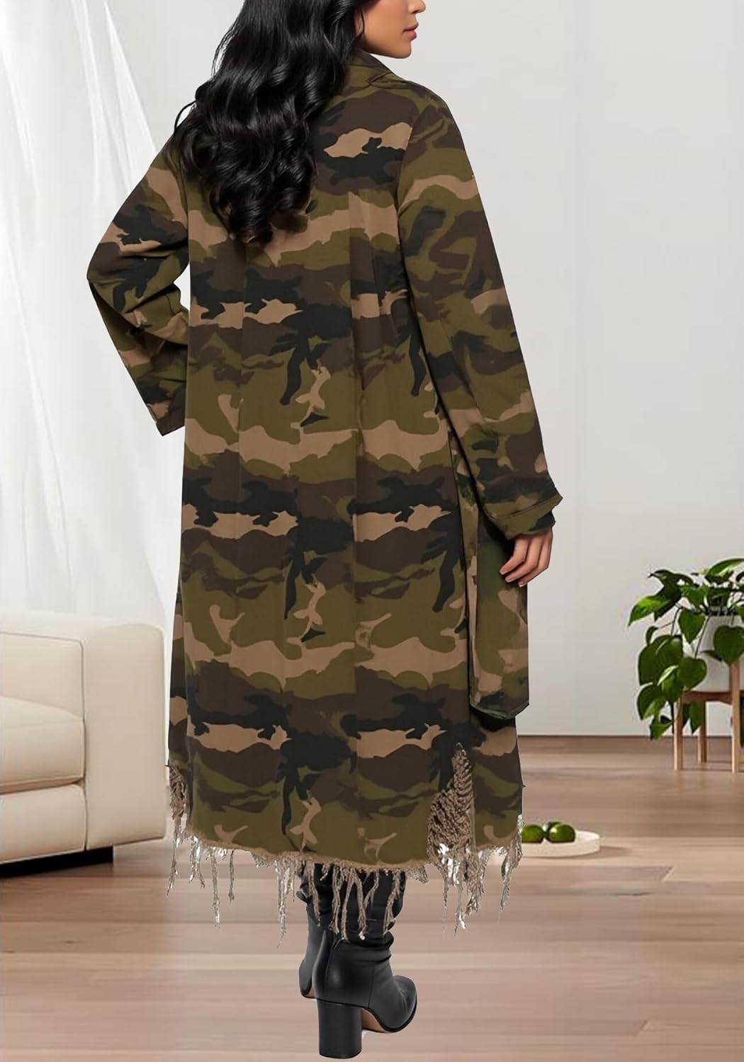 Tbahhir Long Camo Trench Coat for Women Long Sleeve Lapel Distressed Camouflage Army Fatigue Jacket Overcoat with Belt - Image 4