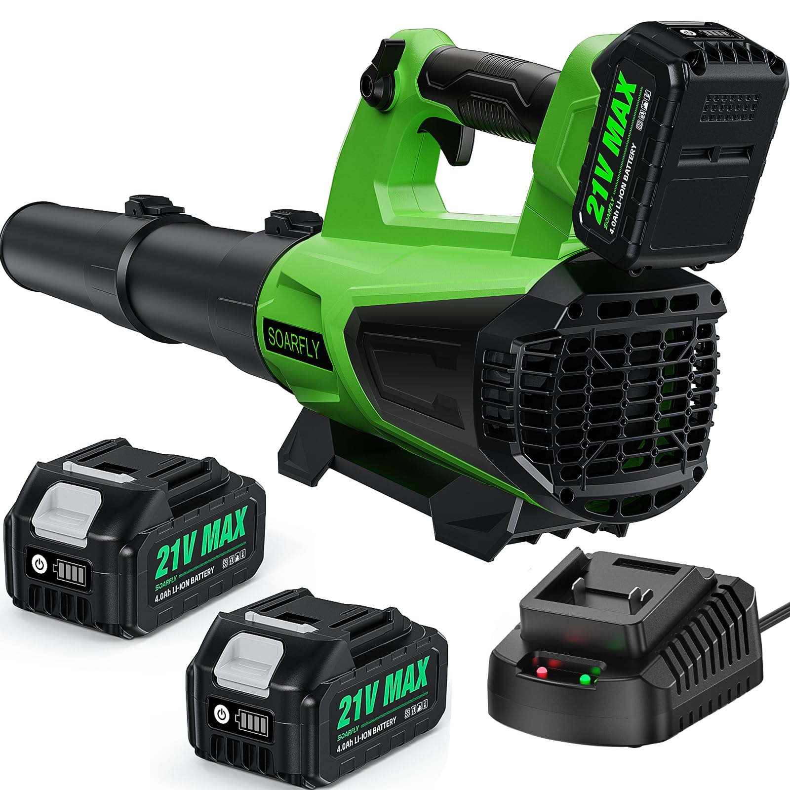 SOARFLY Cordless Leaf Blower with 2 × 4.0Ah Batteries & Charger, 21V 19000RPM Motor, 160MPH & 580CFM Airflow, Stepless Speed Control, Lightweight for Gardens, Patios, Leaves & Dust