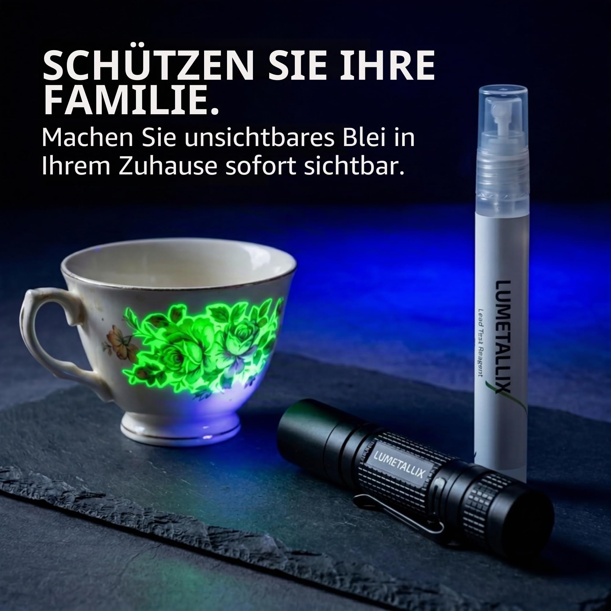 Lumetallix: Sofort leuchtendes Blei-Testset für Malen, Farbe, Keramik, Glas– schnell, einfach und sicher zu verwenden, UV-sichtbarer Sprühtest, zuverlässige Bleierkennungsergebnisse in Sekunden