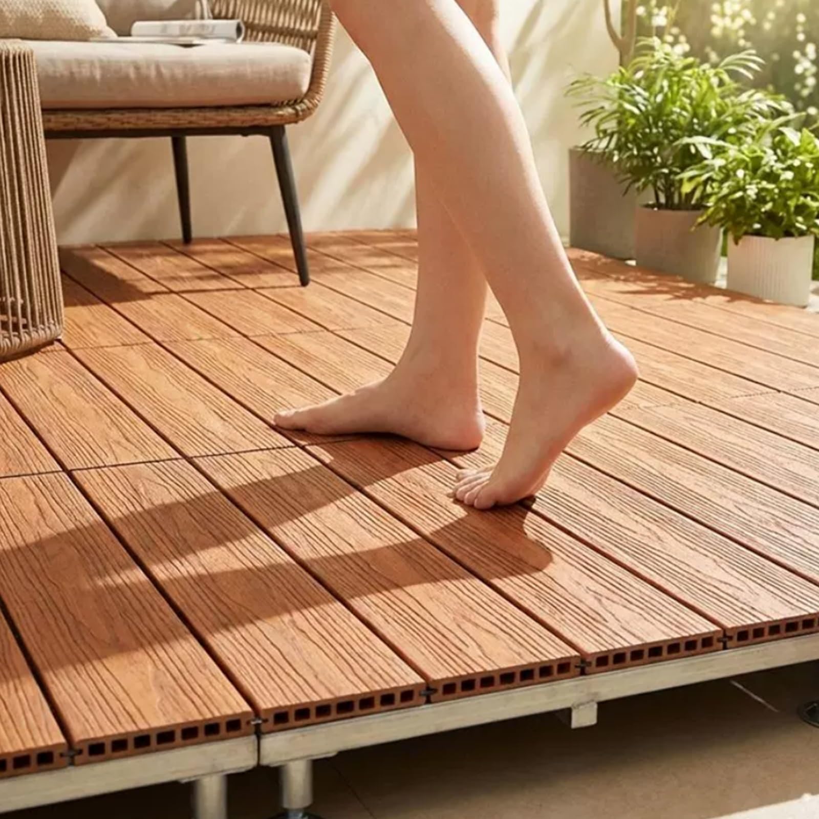 Suelo De Patio Con Plataforma De Plataforma Flotante,Plataforma | De Terraza Compuesta De Madera Modular,84x84x20cm,con Patas De Metal Ajustables,Impermeable(Teak color)