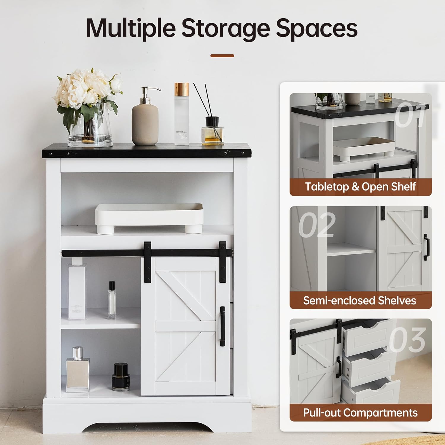 Bathroom Floor Cabinet, Farmhouse Storage Cabinet with Sliding Barn Door & Storage Drawers, Small Storage Cabinet for Bathroom, White