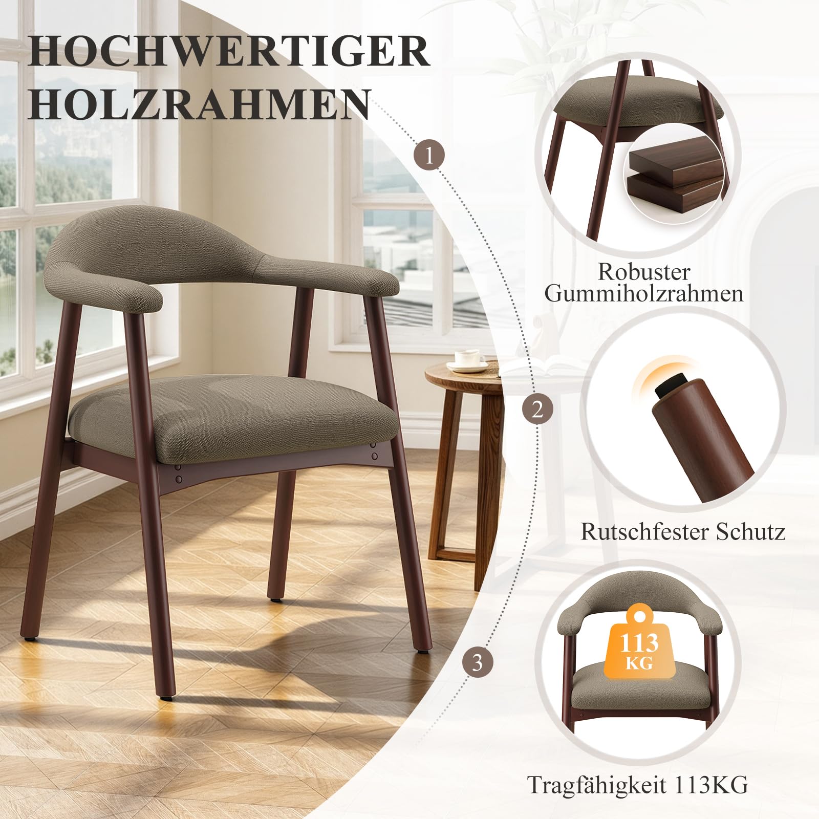 MALOL 4er Set Stoffsessel Esszimmerstühle, gepolsterte Esszimmerstühle mit gebogener Rückenlehne und Holzbeinen, Mid-Century-Modern Küchenstühle für Küche und Esszimmer, Kamel