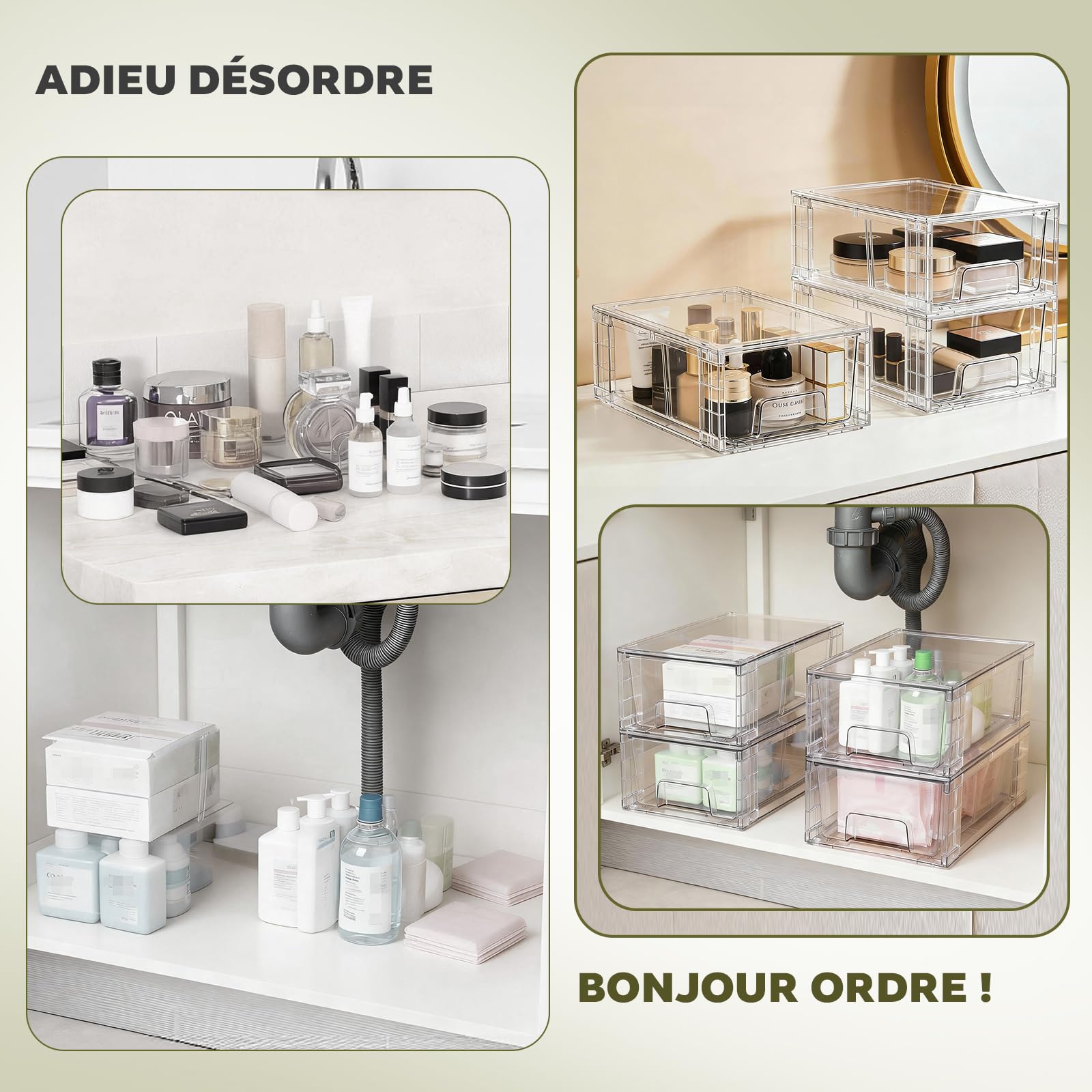 Lot de 4 Tiroirs de Rangement Empilables – Organisateur Transparent en Acrylique avec Poignées, Montage Facile pour Salle de Bain, Armoire, Dressing & Maquillage
