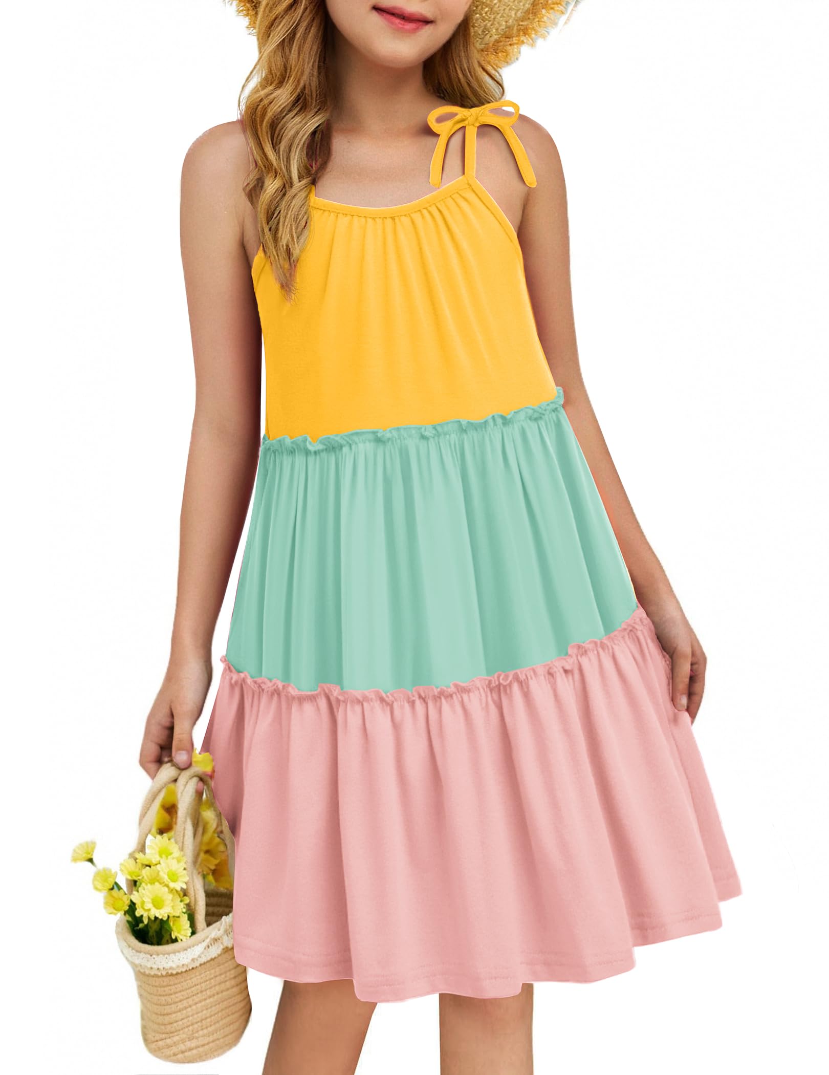 Arshiner Girl Summer Dresses Tween Boho Spaghetti Strap A-Line Swing Flowy Ruffle Tiered Sundress with Pockets