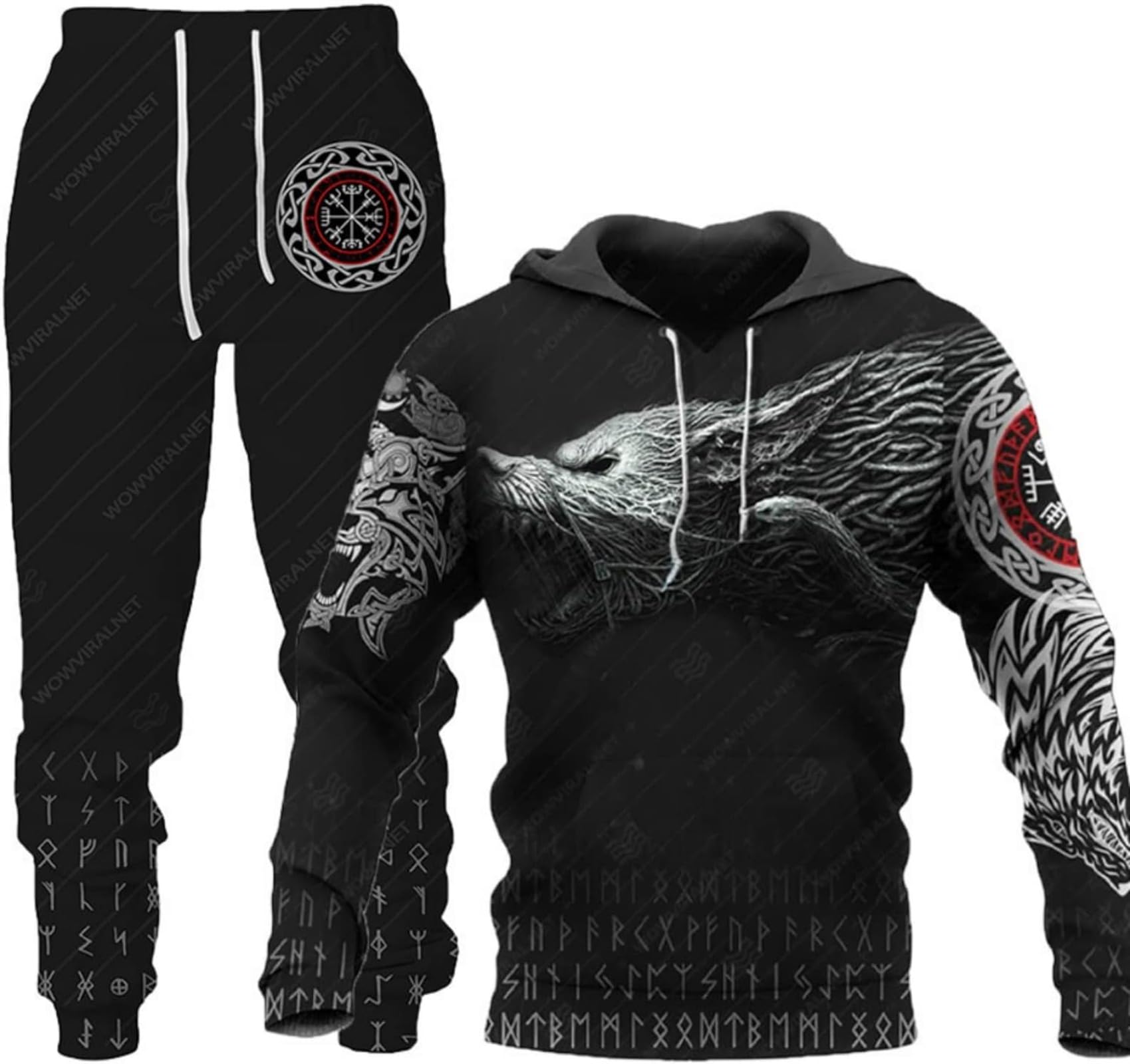 Hiegi 3D Wolf Men's Jogging Suit Tracksuit Sports Suit Fitness Sports Trousers Hoodie Jacket Training Suit with Hood, XXL