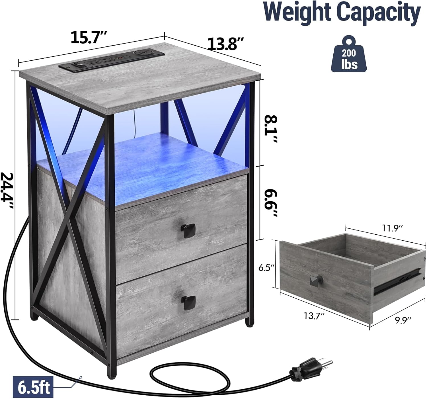 Livofloral Nightstands with Wireless Charger, Grey Side Tables with Storage, End Tables with Charging Station, LED Bedside Table with Wooden Storage Drawers for Bedroom, Side Tables Living Room