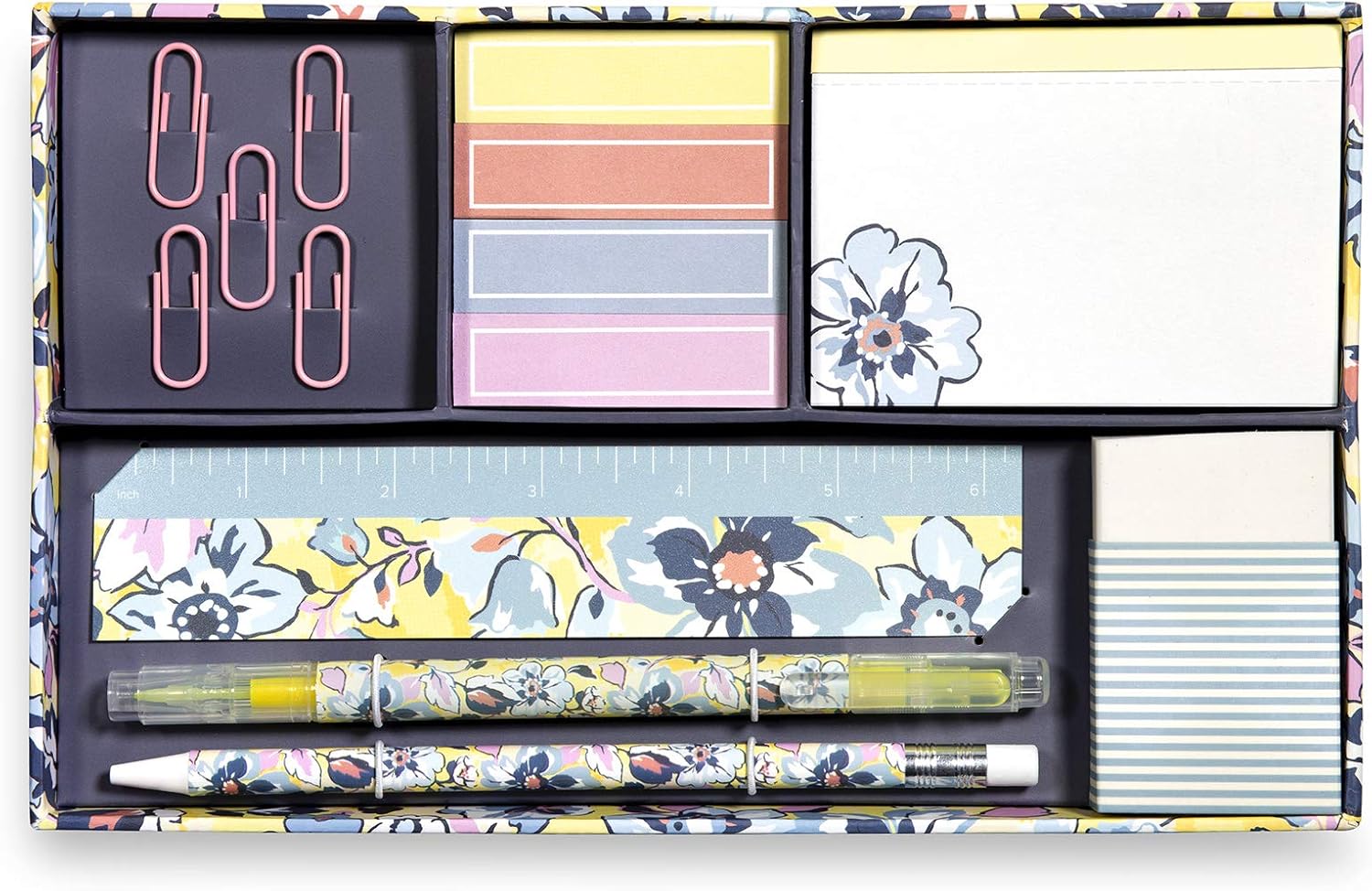 Vera Bradley Office/School Desk Supplies Set with Storage Box, Organizer Includes Paper Clips, Sticky Notes, Highlighter, Ruler, Pencil, Eraser, and Notepad (Sunny Garden)