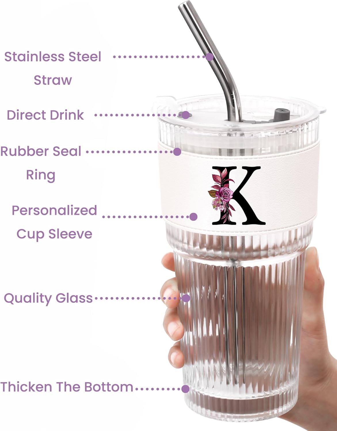 Initial Glass Cup with Lid Straw Ribbed Ice Tea Clear Tumbler Her Sister Coffee Matcha Latte Girlfriend Gf Aunt Best Friend Friendship Bestie Wife Cute Asthetic Unique Birthday Personalized Gift K - Image 5