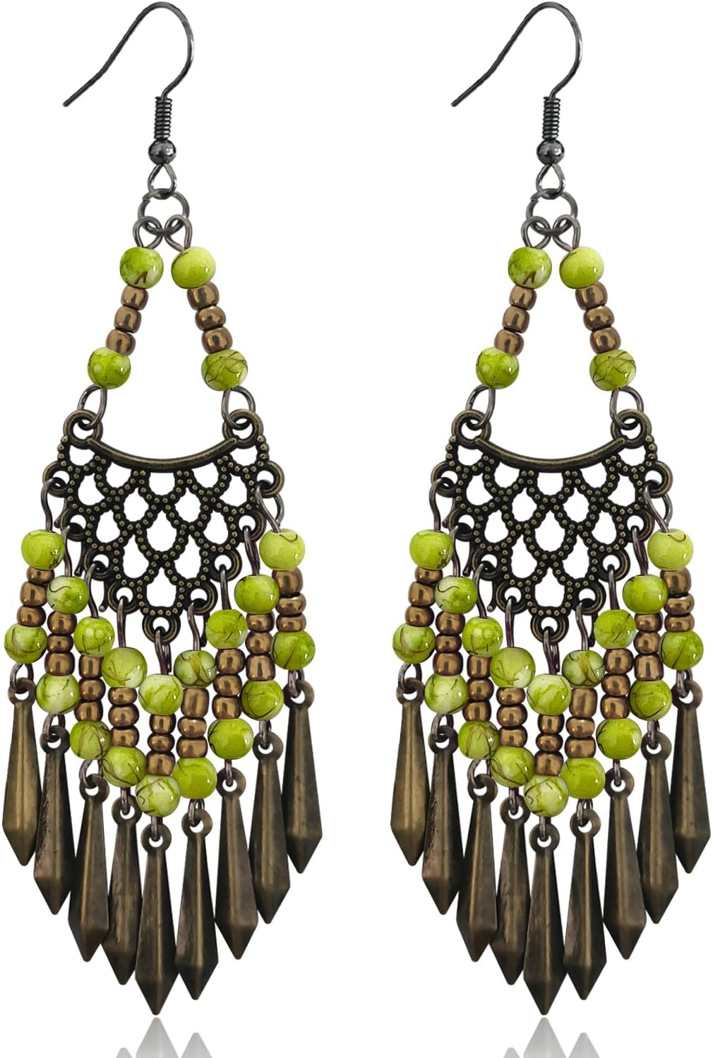Handmade Vintage Bronze Bohemian Long Tassel Colorful Bead Dangle Drop Earrings Big Tribal Chandelier Geometry Hook Earrings for Women Statement Jewelry Gifts