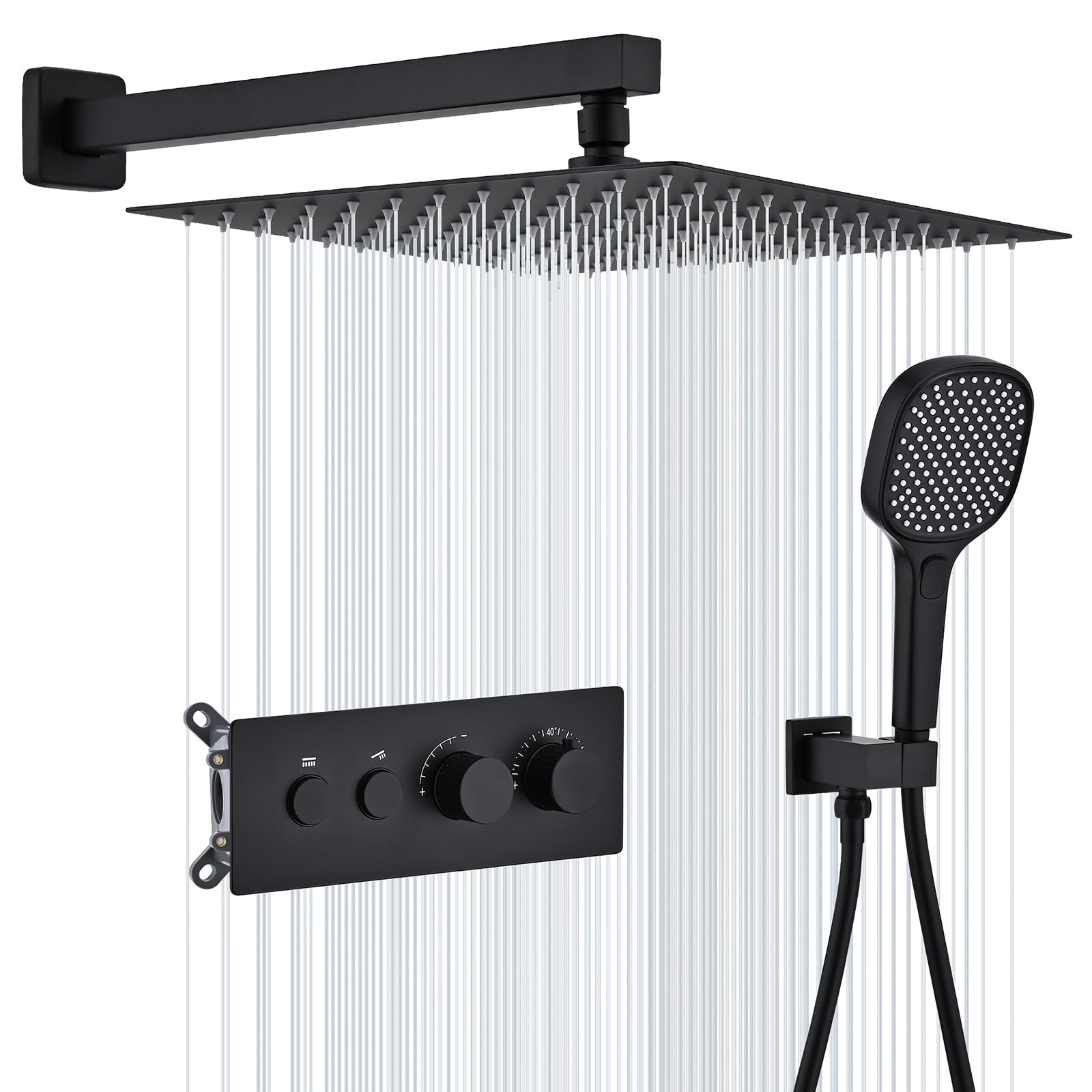 HOMELODY Duschsystem Thermostat Schwarz Unterputz Duscharmatur,Regendusche 30x30 cm Edelstahl mit Handbrause 3 Strahlarten, Duscharmatur Unterputz mit Messing Einbaukörper, 2 Funktionen