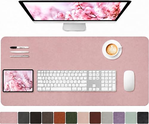 CHEERYGOO Mottled Pink Leather Desk Pad 36" x 17" XL, Non-Slip PU Leather Desk Mat with Stitched Edges, Waterproof Cute Desk Pad Protector for Office, Home and Dorm