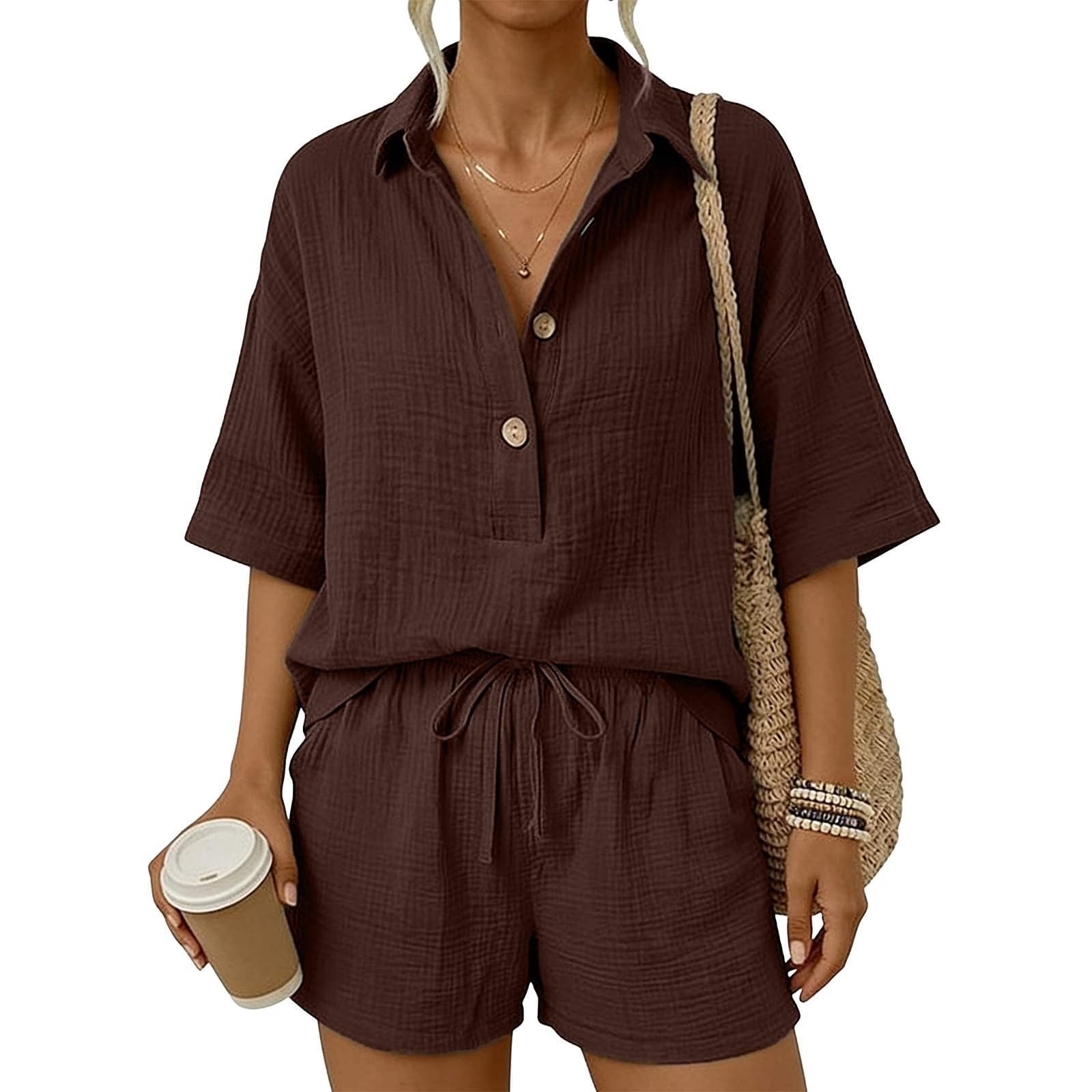 Ensemble d'été décontracté 2 pièces pour femme, chemise à manches courtes et short taille haute texturé froissé