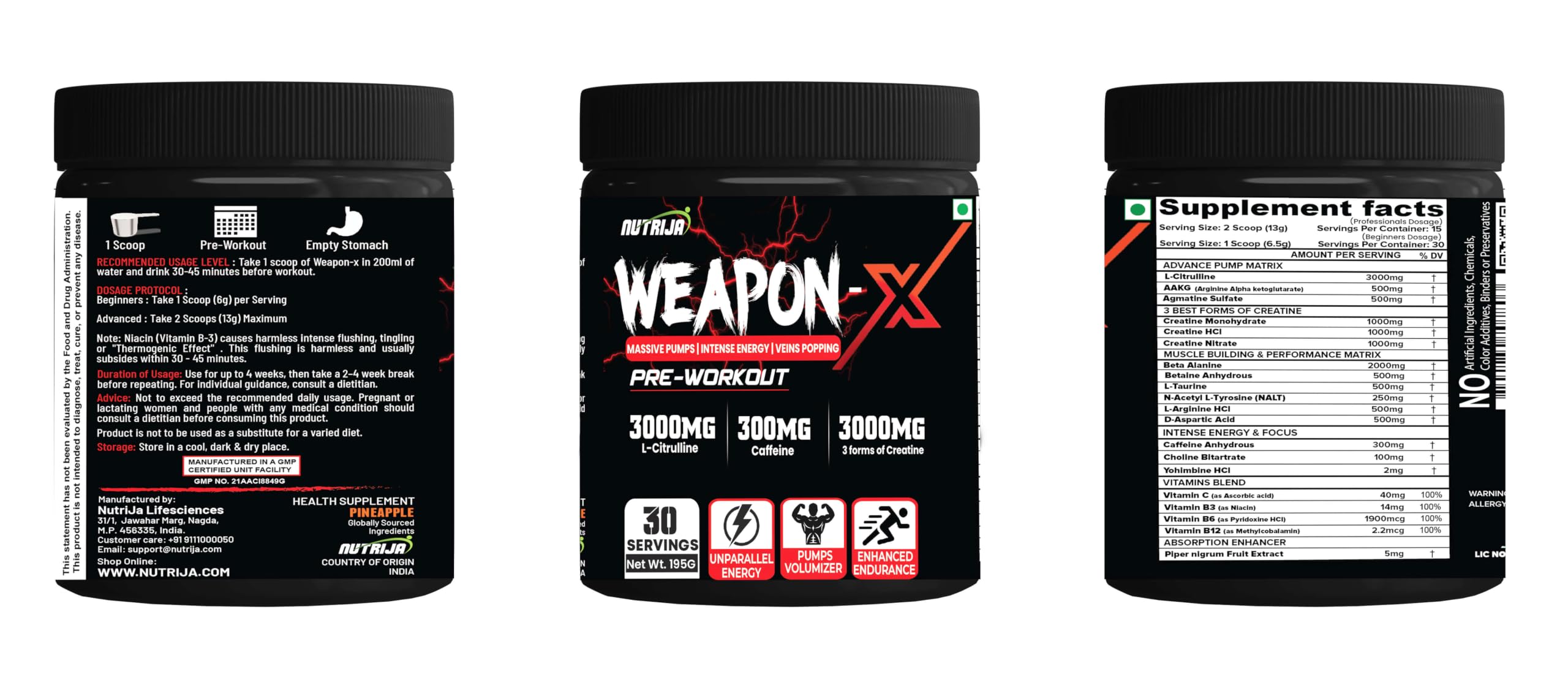 NutriJa Weapon-X Pre-Workout Powder with 20 Active Ingredients -3 Best forms of Creatine, AAKG, Beta-Alanine, Caffeinated | Pumps, Viens Popping, Energy, Focus & Strength (30 Servings (Pineapple)) — Amazon image 4