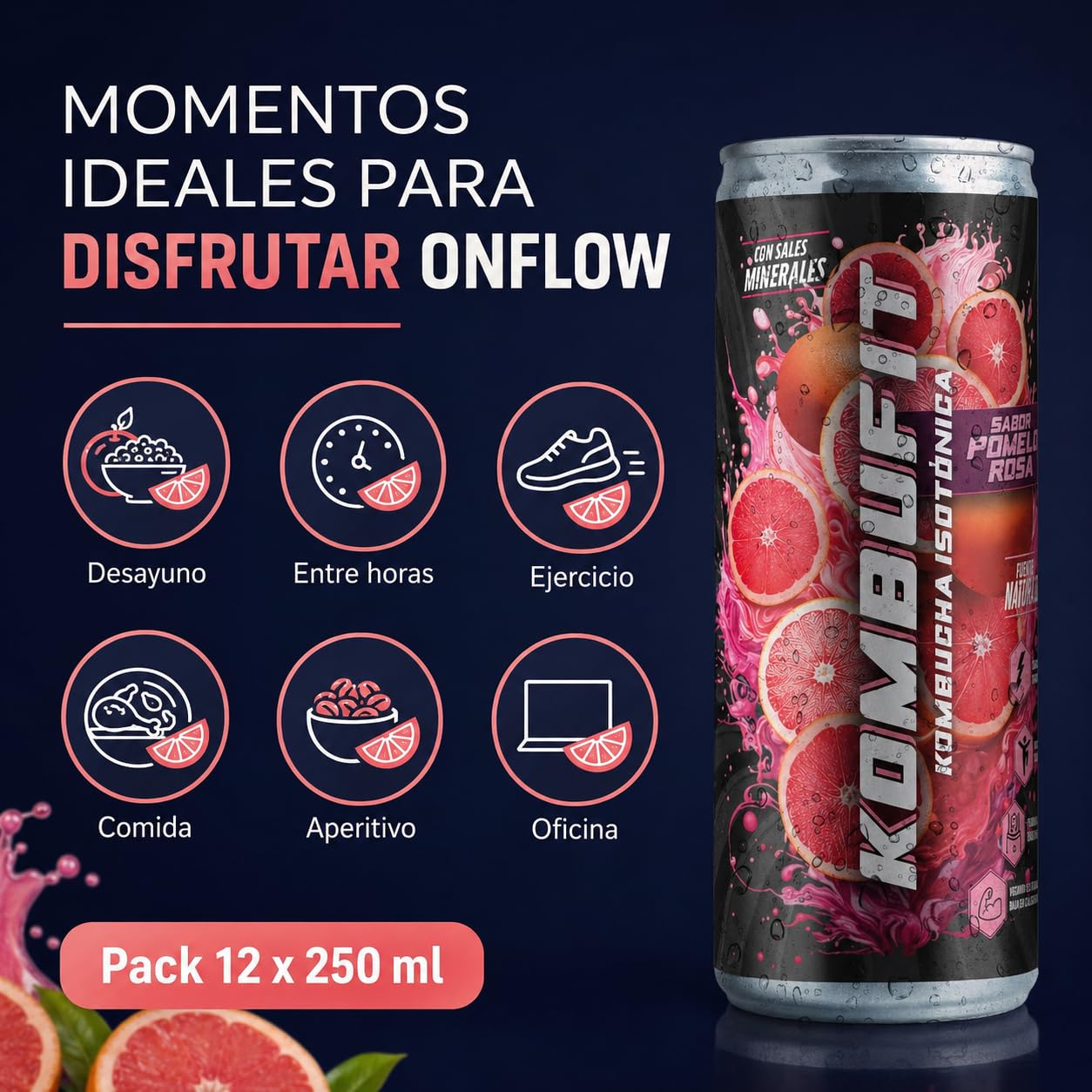 Kombucha Isótonica Natural Onflow, Té Kombucha, Sin Azúcar, Sabor Pomelo Rosa, Pack 12 Latas x 250 ML