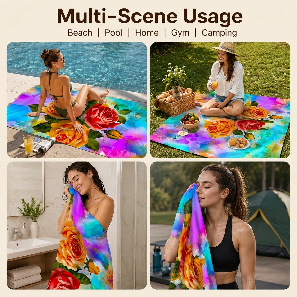 Ręcznik plażowy Rainbow Roses Fast Mikrofibra 200x200 cm