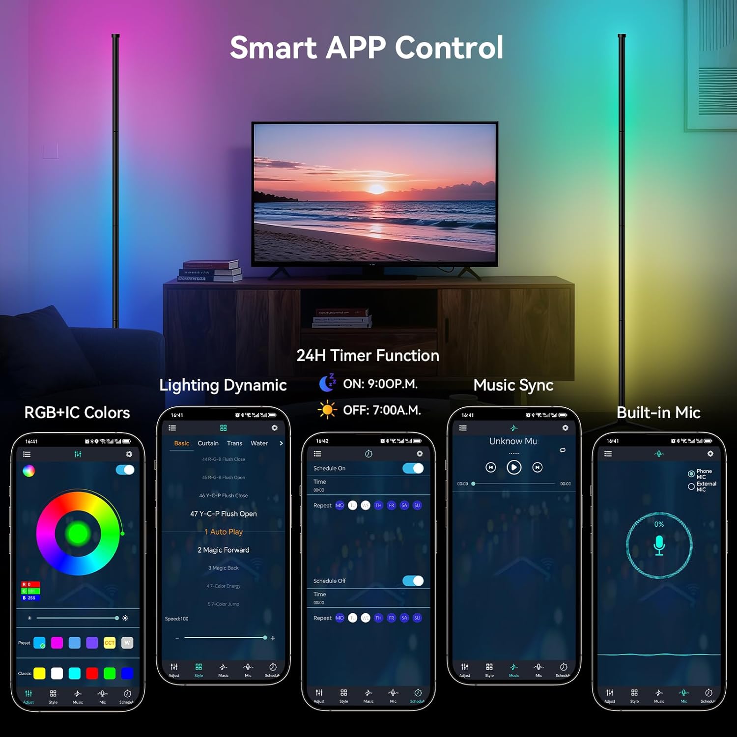 RGB LED Corner Floor Lamp - Smart App & Remote Control, Music Sync Color Changing Ambience Light with 16 Million Hues, Perfect for Bedroom, Living Room & Gaming Room