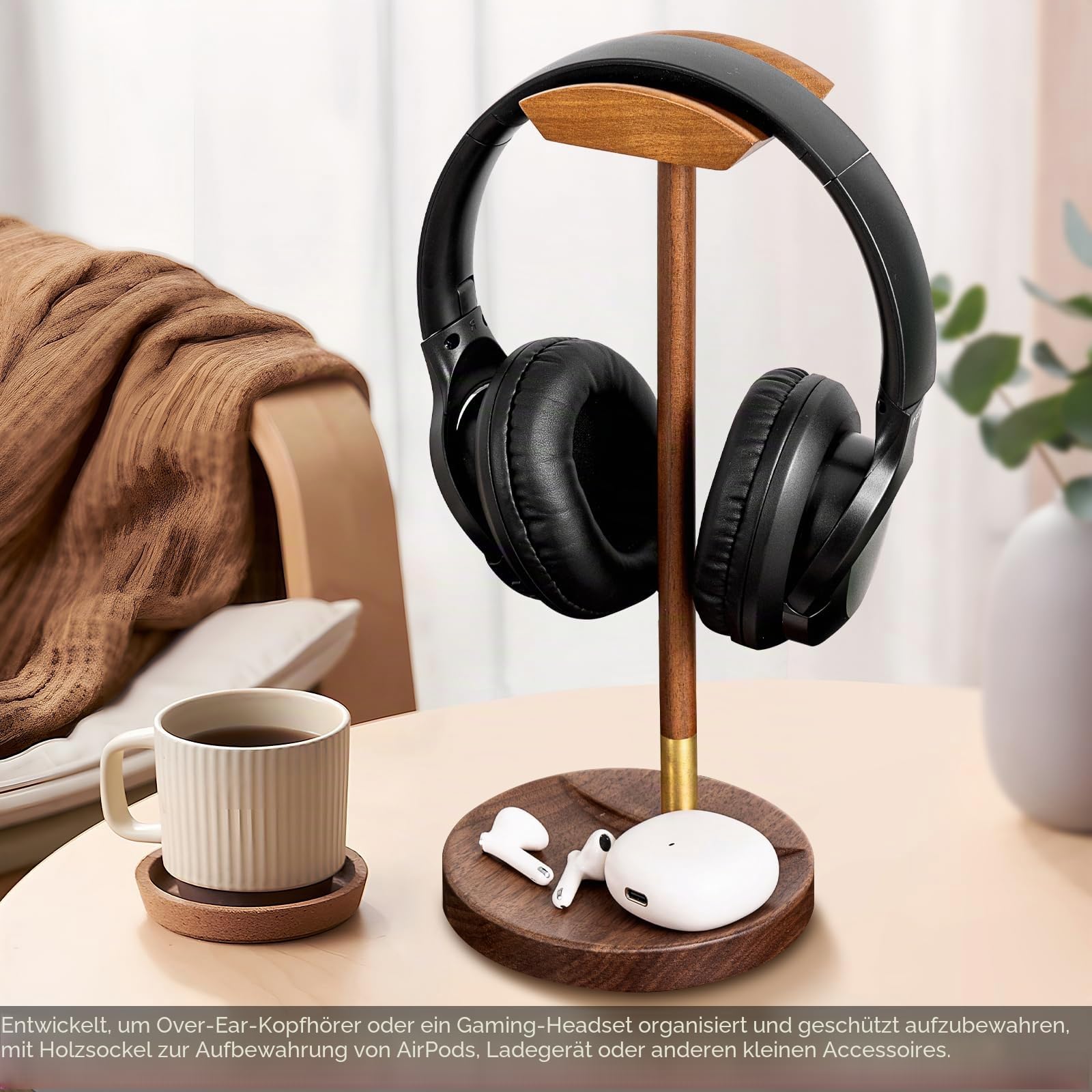 Headphone Stand für Schreibtisch, massiver Holz Gaming-Headset-Ständer, Holz-Headphone-Halter mit Stauraum für AirPods Max und mehr