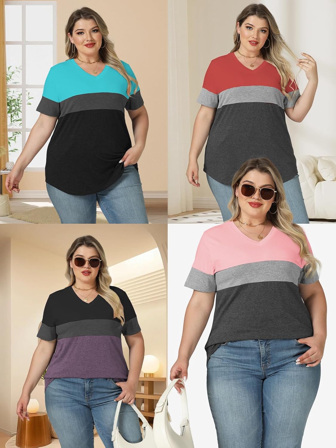 VOGRACE Womens-Plus-Size-Tops Summer Short Sleeve Casual V Neck Tunics Trendy Color Block Fashion T Shirts - Image 5