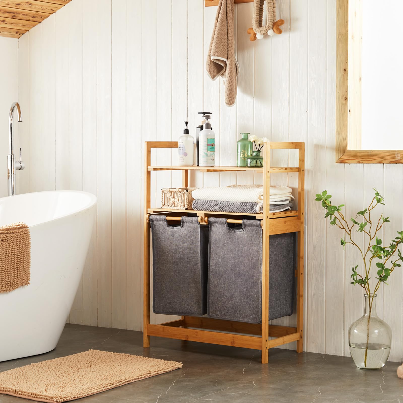 YOUDENOVA Cesto portabiancheria in bambù con 2 ripiani con 2 sacchetti di lavanderia estensibili per camera da letto, bagno o lavanderia, 93 x 64 x 33 cm, grigio