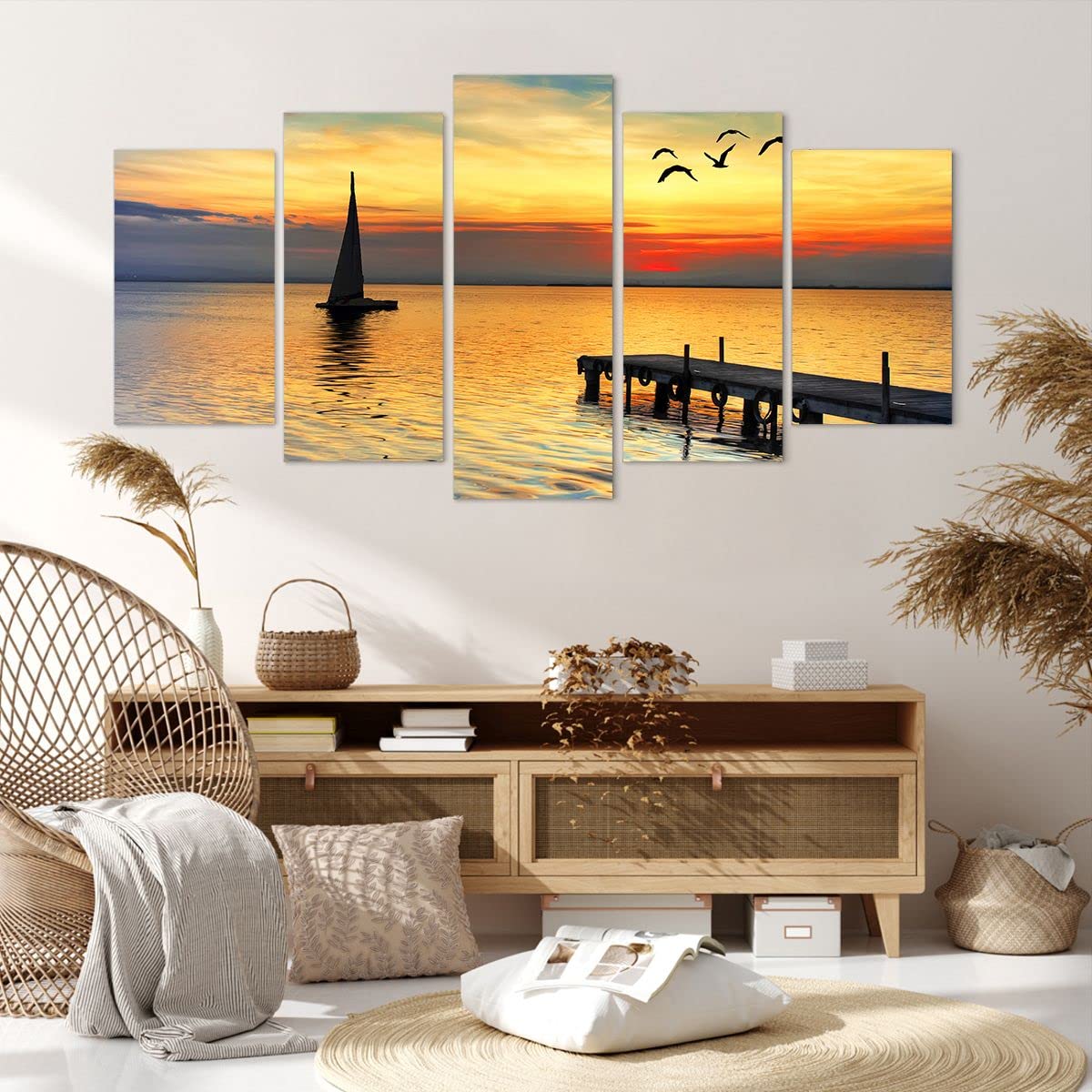 ARTTOR Cuadros Decoracion Salon Playa paisaje agua puente Lienzos decorativos 160x85cm Cuadro Sobre Lienzo Moderno Dormitorio Cuadros Pared Tríptico 5 Piezas Wall Art Prints Grande XXL EA160x85-2535
