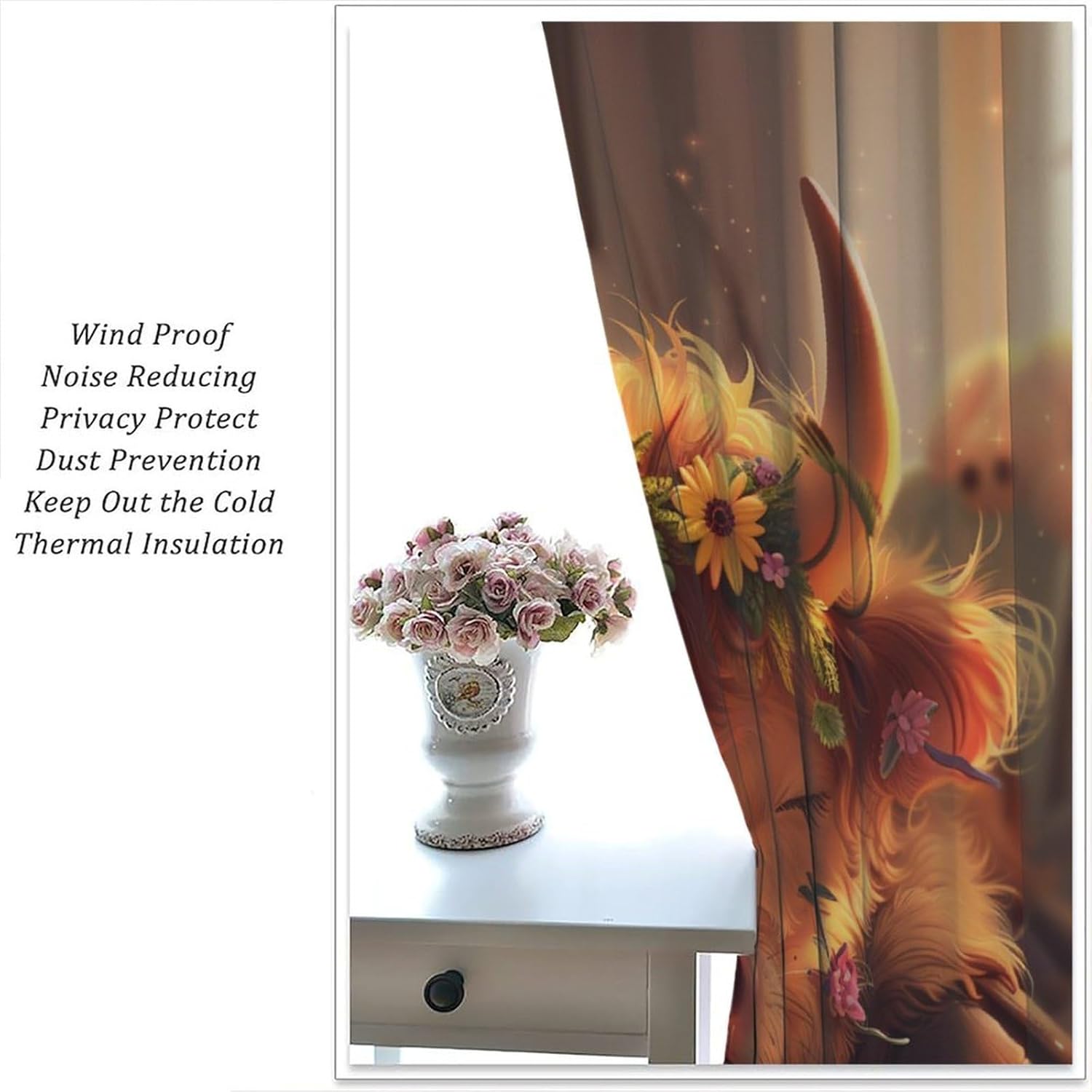 Highland Cow Rustic Blackout Curtains, Daisy Floral Animal Curtains Rod Pocket Thermal Insulated Window Drapes for Bedroom/Living Room, 21W x 54L, 2 Panels