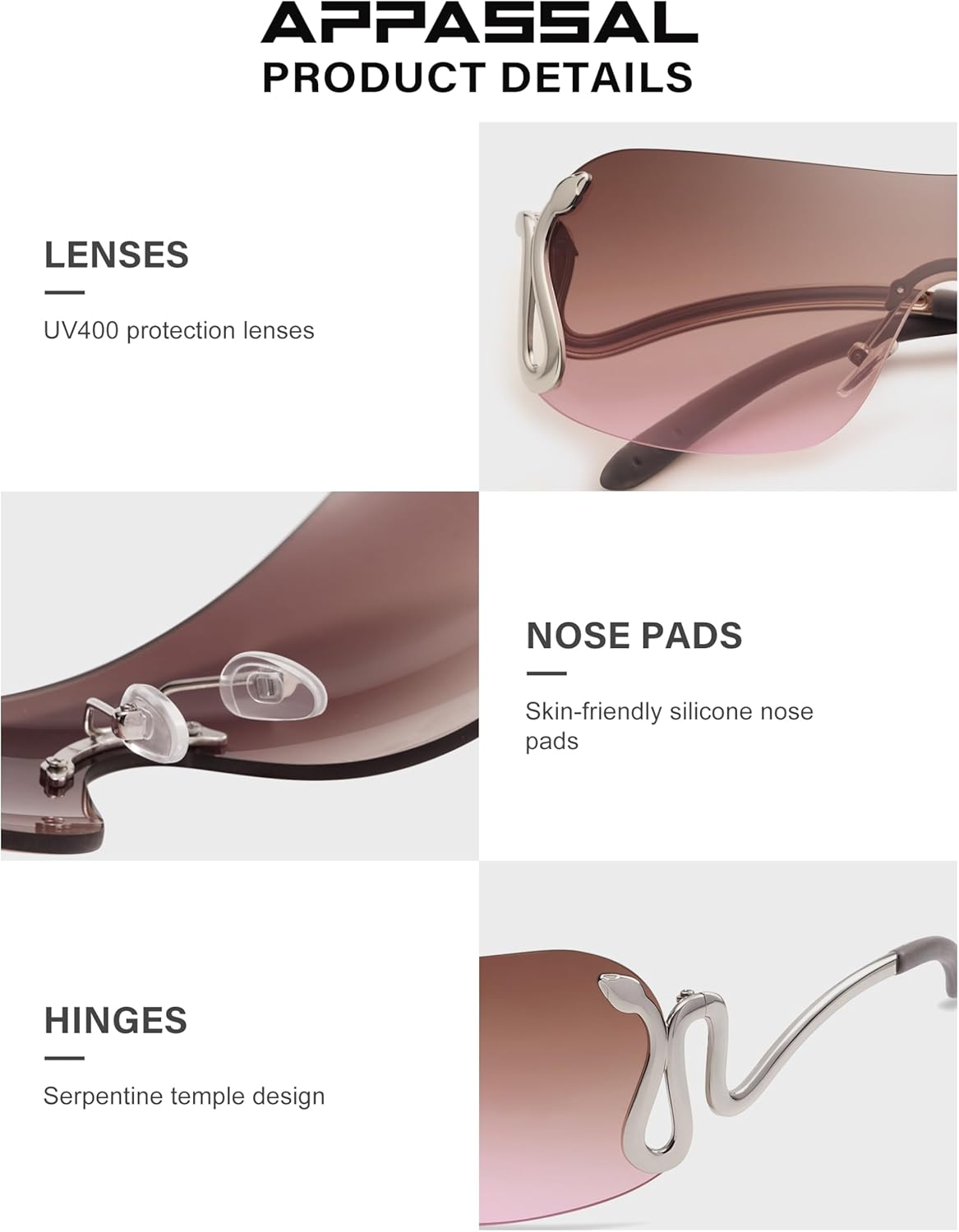 Rimless Y2k Sunglasses for Women Men Trendy Oversized Wrap Around Snake Shades AP3652 - Image 3