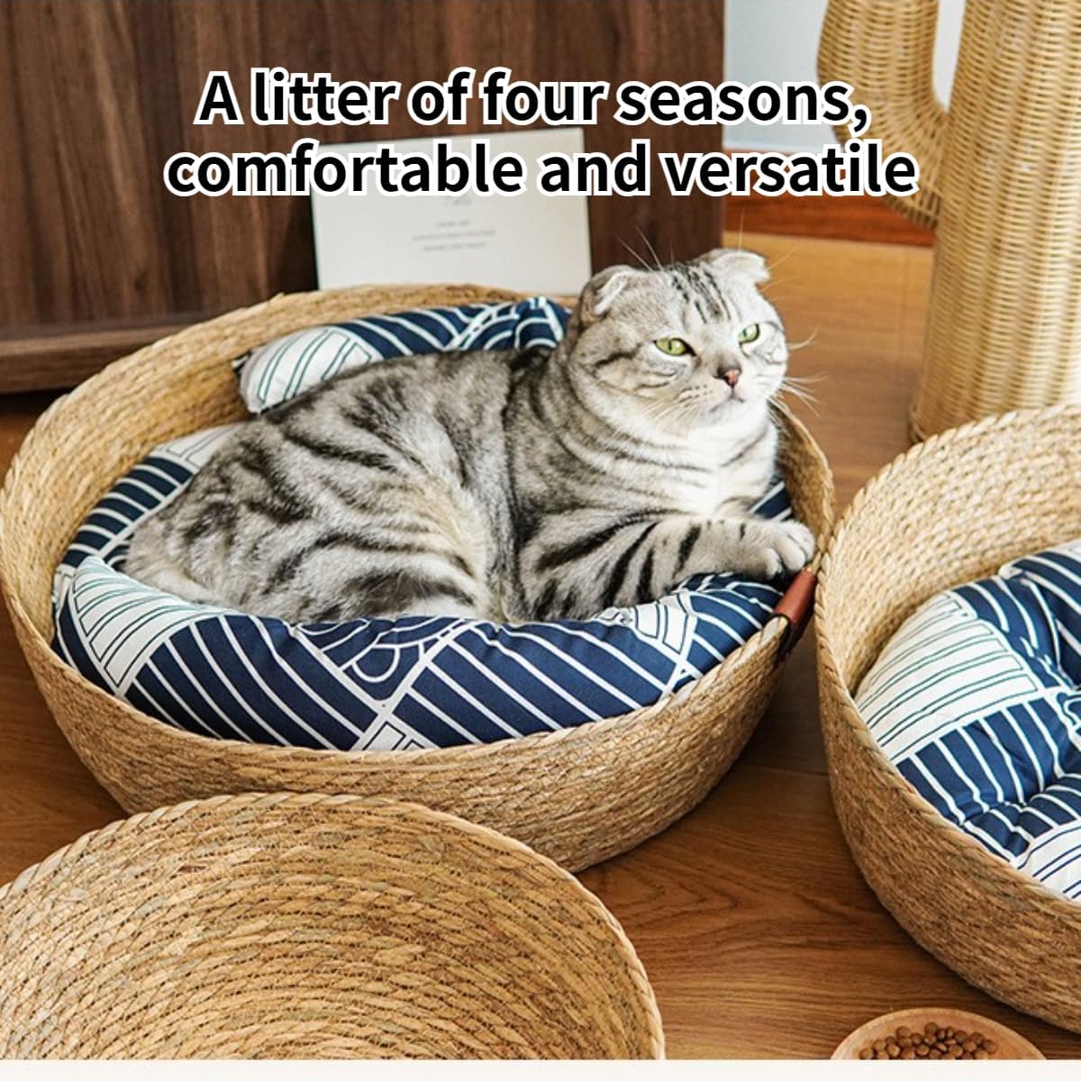 review Cat Rattan Bed, Straw Woven Cat Baskets Bed, Round Wicker Cat Basket Nest, Non-Slip Cozy Kitten Bed for Cats Small Dog Puppy Rabbit (Nest with Blue Set,Large)