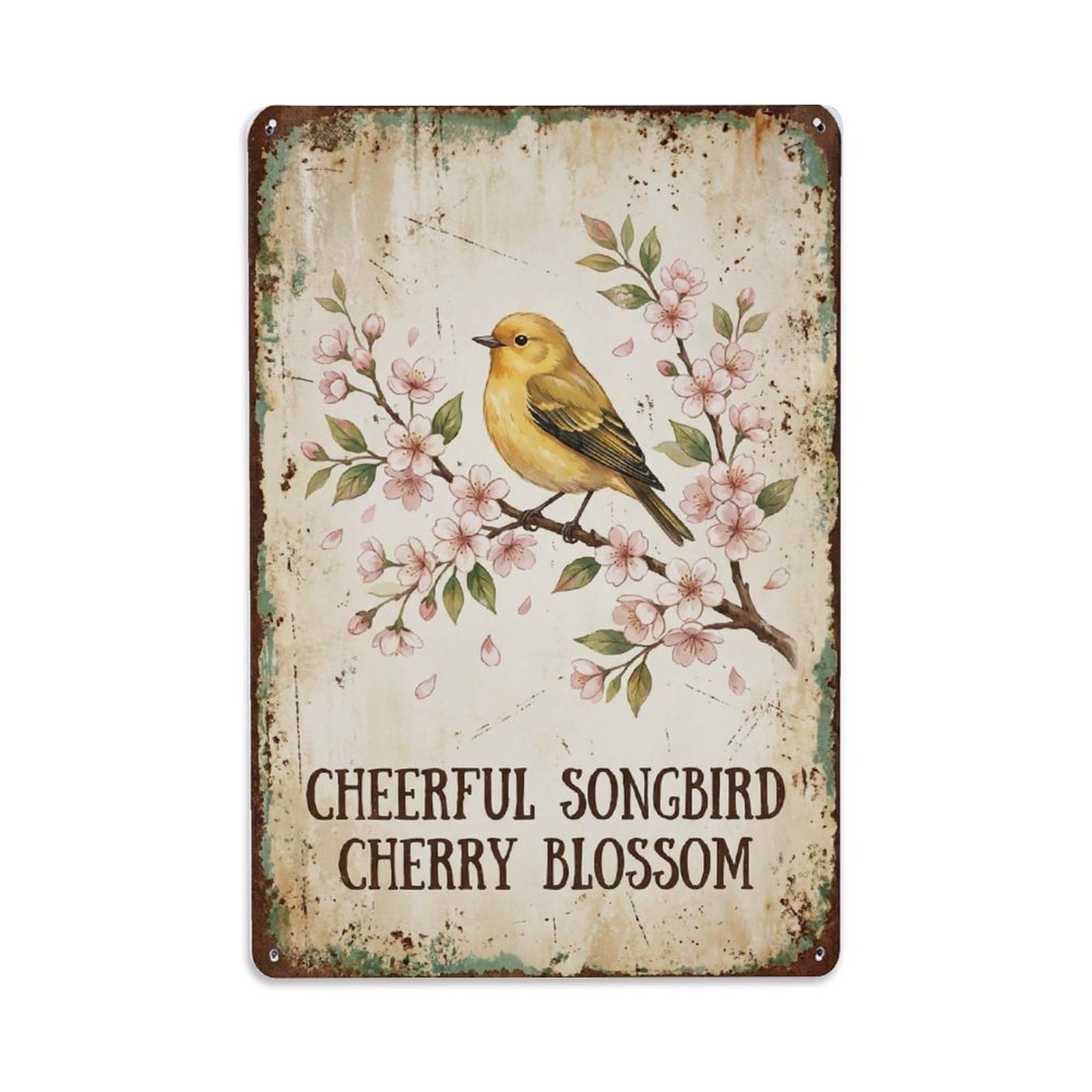 Cheerful Songbird Cherry Blossom Branch Metal Tin Sign Plaque Wall Decor for Cafe, Club Bar, Office, Home Garden Metal Poster 8x12Inch
