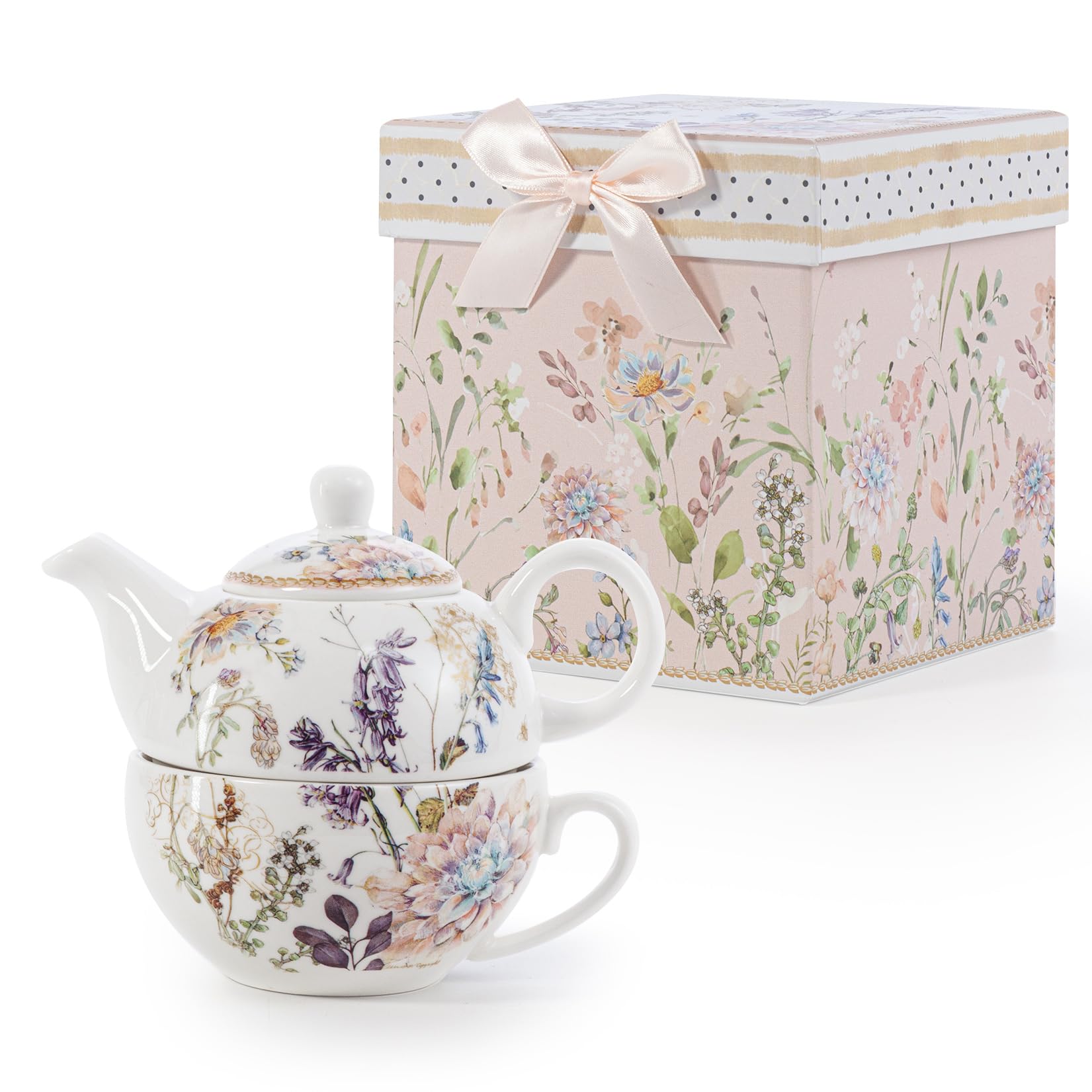 EHC Bell Flowers Design Porcelain Tea for One Tea-Pot with Handle, Microwave Safe, Oven Safe, Dishwasher Safe,Gift Boxed, Tea Pot 490/Cup 320ml