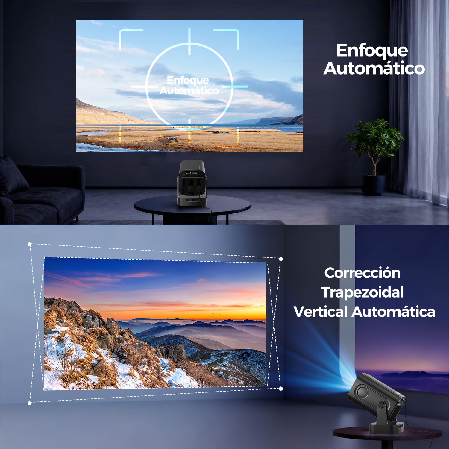 Alwtniet Mini Proyector 4K, 1080P Proyector Portátil Android WiFi 6 BT 5.4, 260ANSI, Enfoque Automático Corrección Trapezoidal Automática, Rotación 180° Projector Compatibile con HDMI/USB HY310
