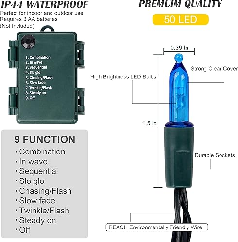 Miniatura 2 de Blissun Luces de Navidad, juego de 50 luces de alambre verde, mini cadena de luces de Navidad funciona con pilas con 8 modos, luces de hadas de 16