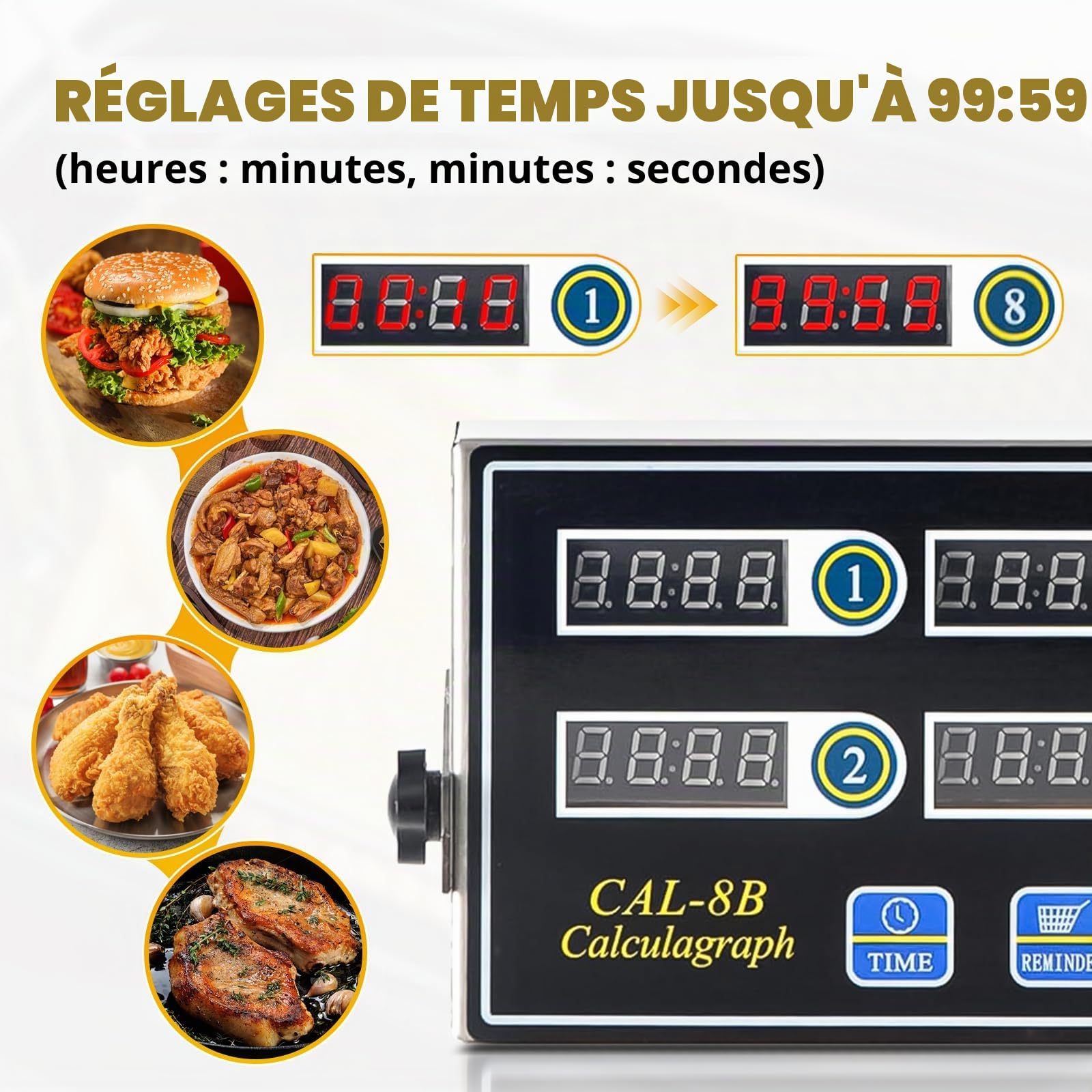 Temporizador de cuisine commercial à 8 canaux, minuteur de cuisine numérique, rappel de friteuse, cuisson, salle à manger, avec sonnerie de volume réglable, acier inoxydable pour restaurant, maison