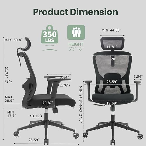Miniatura 2 de Silla de oficina ergonómica, silla de oficina de malla de 350 libras con lumbar ajustable, silla de escritorio de computadora con respaldo alto con