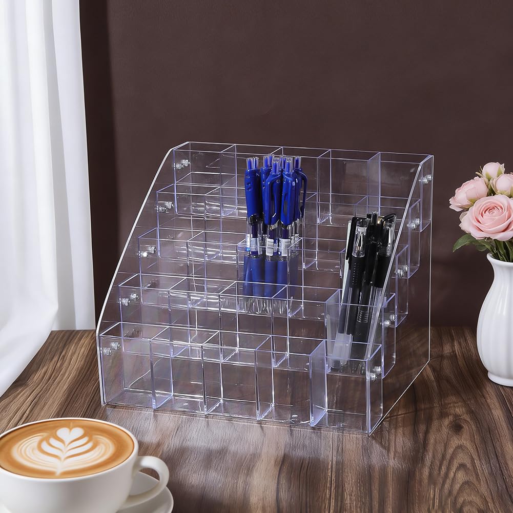 AHANDMAKER Stifthalter Aus Transparentem Acryl Vertikaler Schreibtisch Organizer Mit 5 Ebene Und 25 Fächern Zur Aufbewahrung von Schreibwaren Make Up Pinseln Und Stiften Für Das Home Büro