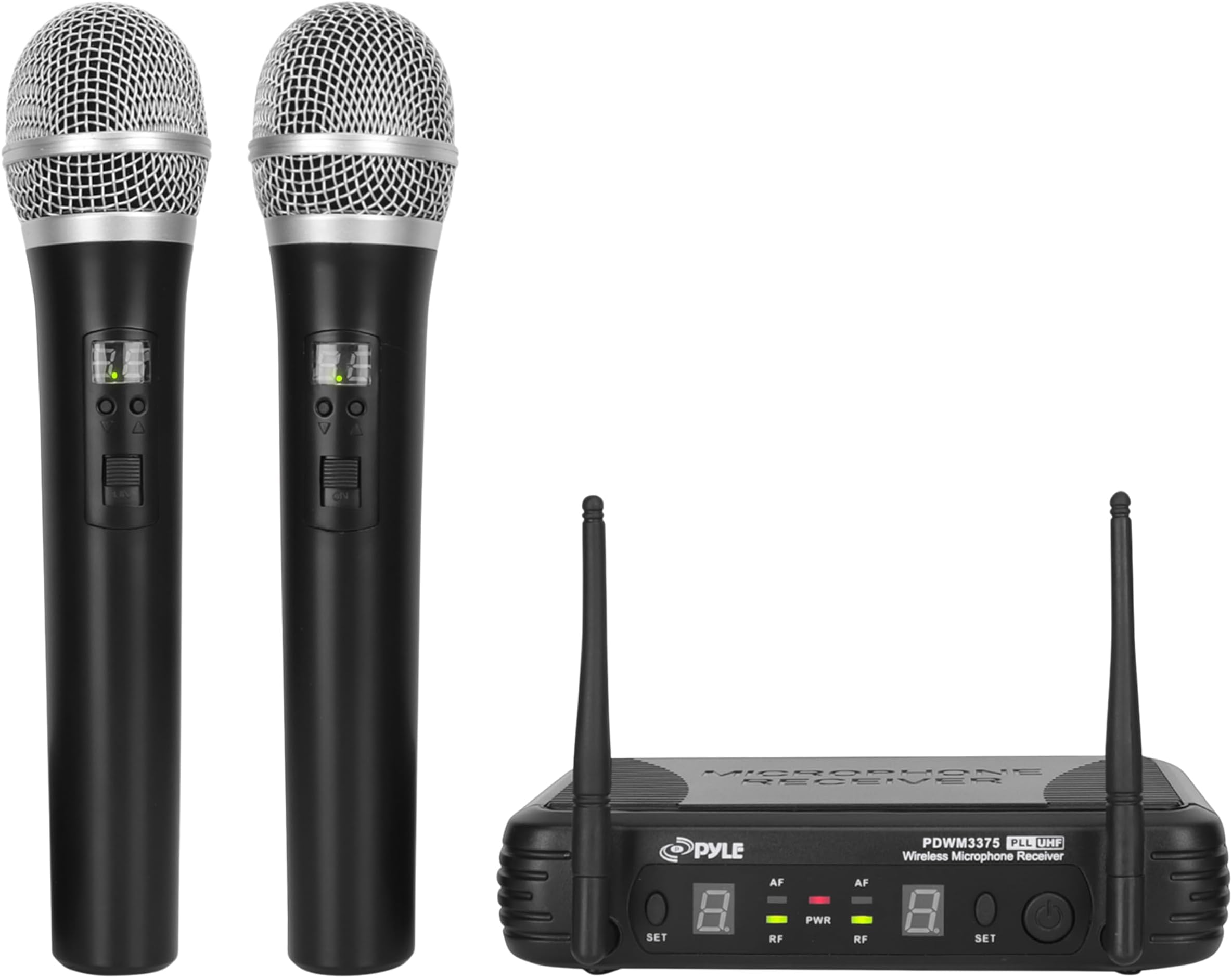 PRO Professional Wireless Microphone System - Dual UHF Band, Wireless, Handheld, 2 MICS With 8 Selectable Frequency Channels, Independent Volume Controls, AF & RF Signal Indicators - PDWM3375