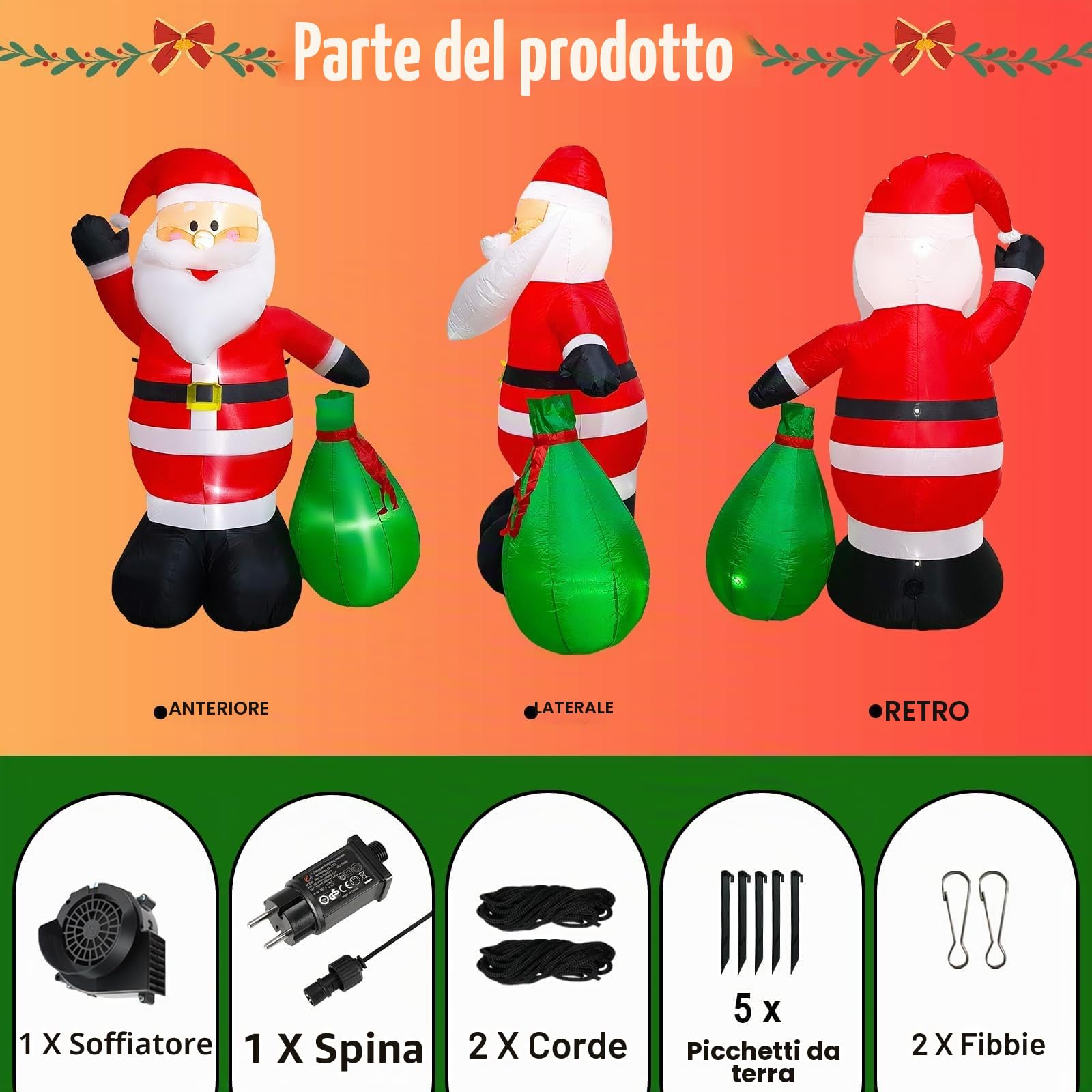 6FT (180CM) Gonfiabili di Natale Babbo Natale con Sacchetto Regalo, Babbo Natale Gonfiabile Integrato 4 Luci LED Luminose per Decorazioni Gonfiabili per Esterni da Giardino di Natale