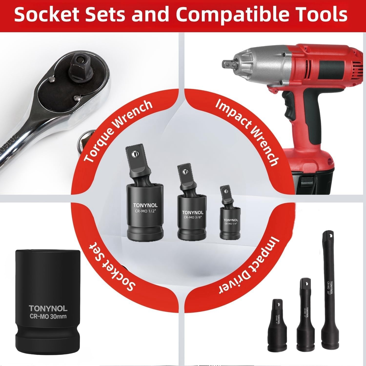 TONYNOL 3 Pcs Universal Joint Swivel Socket Adapter Set 1/4",3/8"& 1/2"Drivers,U-Joint Drive CR-MO Impact Grad Wobble Socket Wrench Set。