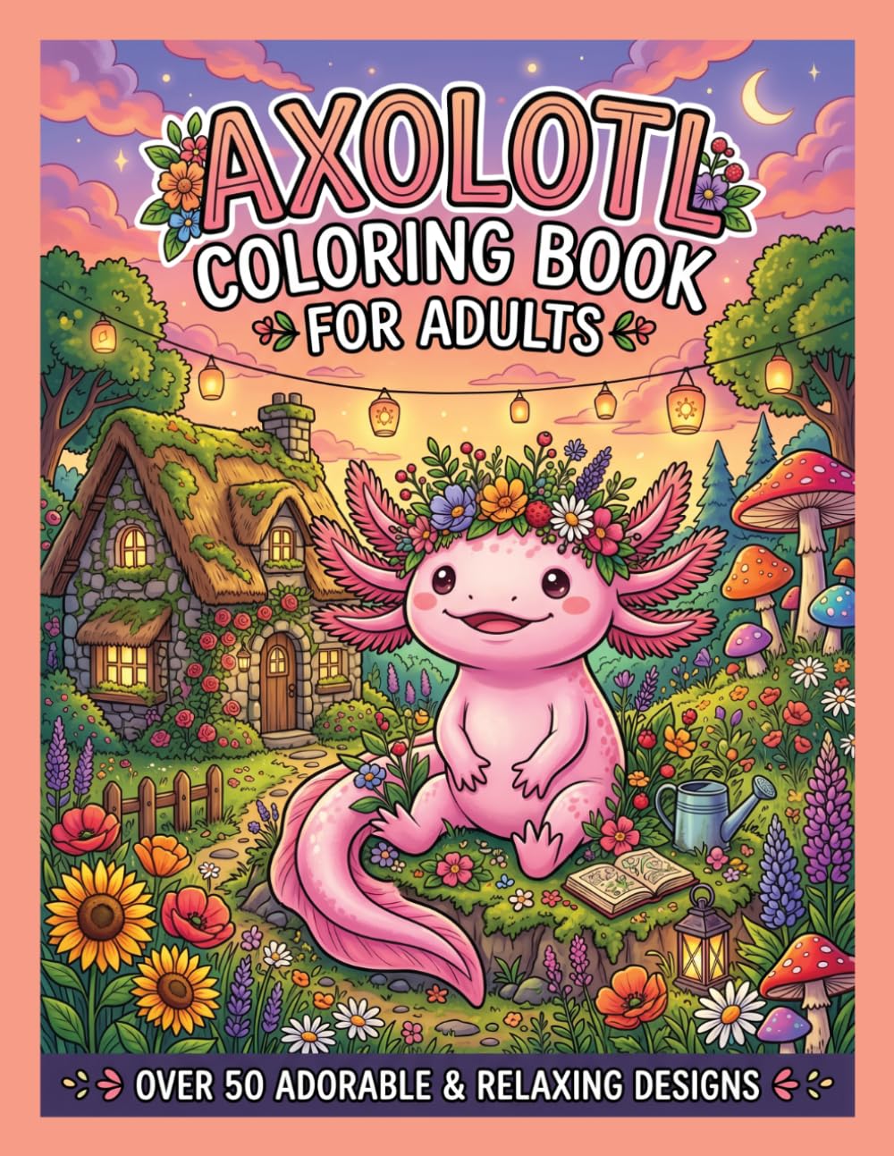 Axolotl Coloring Book for Adults: Bold and Easy Cottagecore Designs for Stress Relief and Relaxation: 50 Large Print Axolotl and Cozy Mushroom Garden ... for Beginners, Seniors and Anxiety Relief