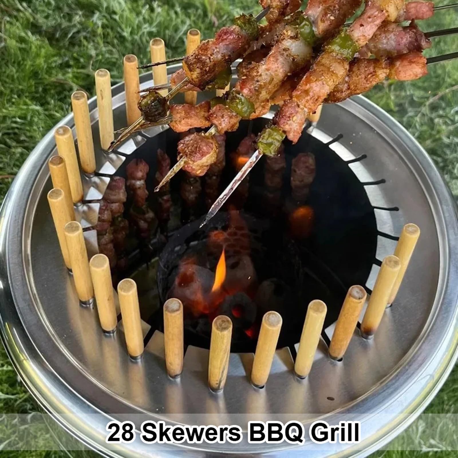 Przenośny grill bezdymny, grill kebabowy ze stali nierdzewnej z 28 szpikulcami i rusztem do gotowania
