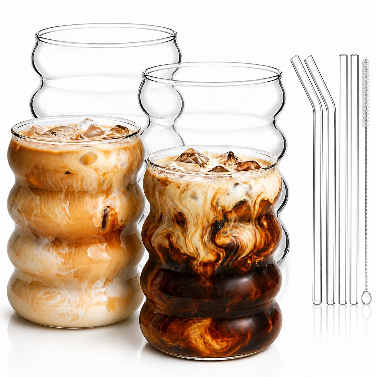ALINK Gerippte Trinkgläser 4er Set, 530 ml Bubble Gläser mit Glasstrohhalmen, Wave Glas Becher für Eiskaffee, Cocktails, Saft, Wasser & Soda, Spülmaschinengeeignet, Geschenkidee