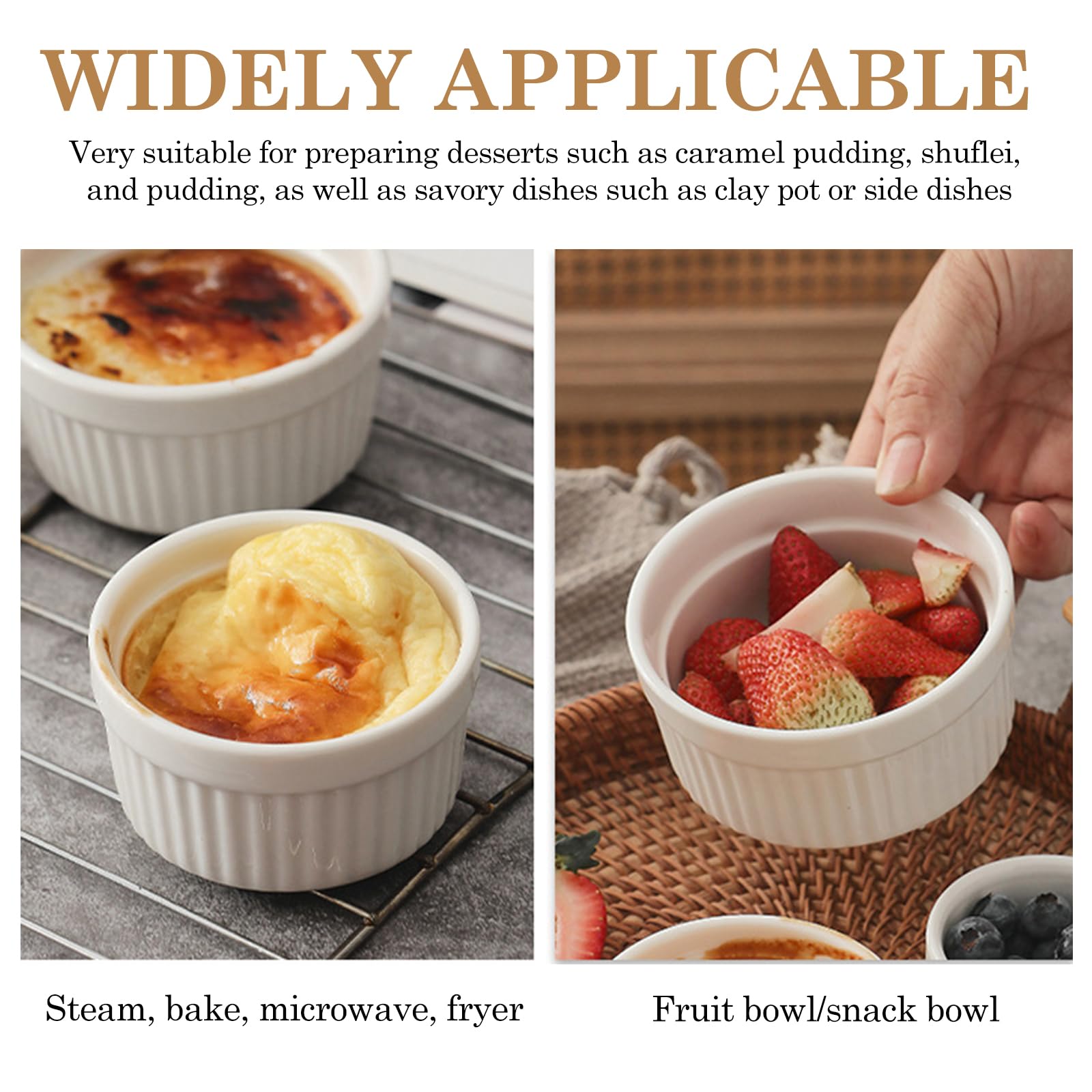 Juego de 6 cuencos para soufflé de 160 ml, de cerámica, para souffle, para souffle, postre, para cocina, lavavajillas, diámetro de 9 cm, color blanco
