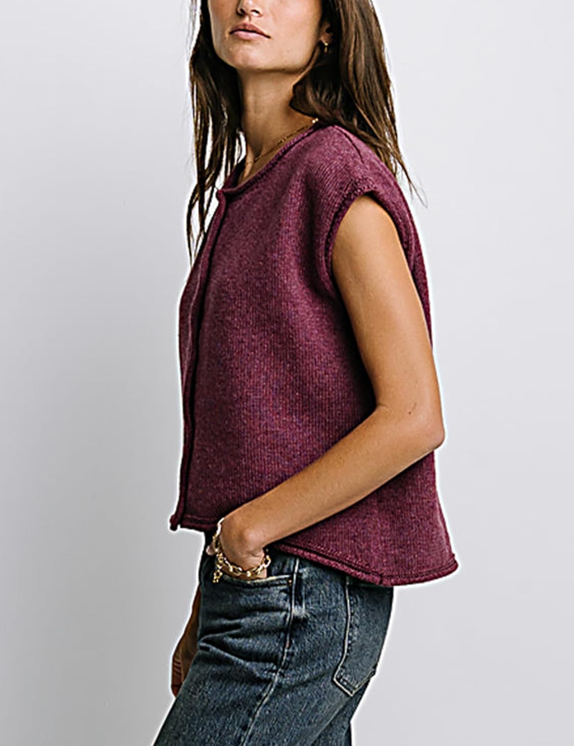 Ynhonra Women’s Knit Vest Cardigan Sleeveless Button Front Crewneck Casual Lightweight Layering Top(Burgundy-L)