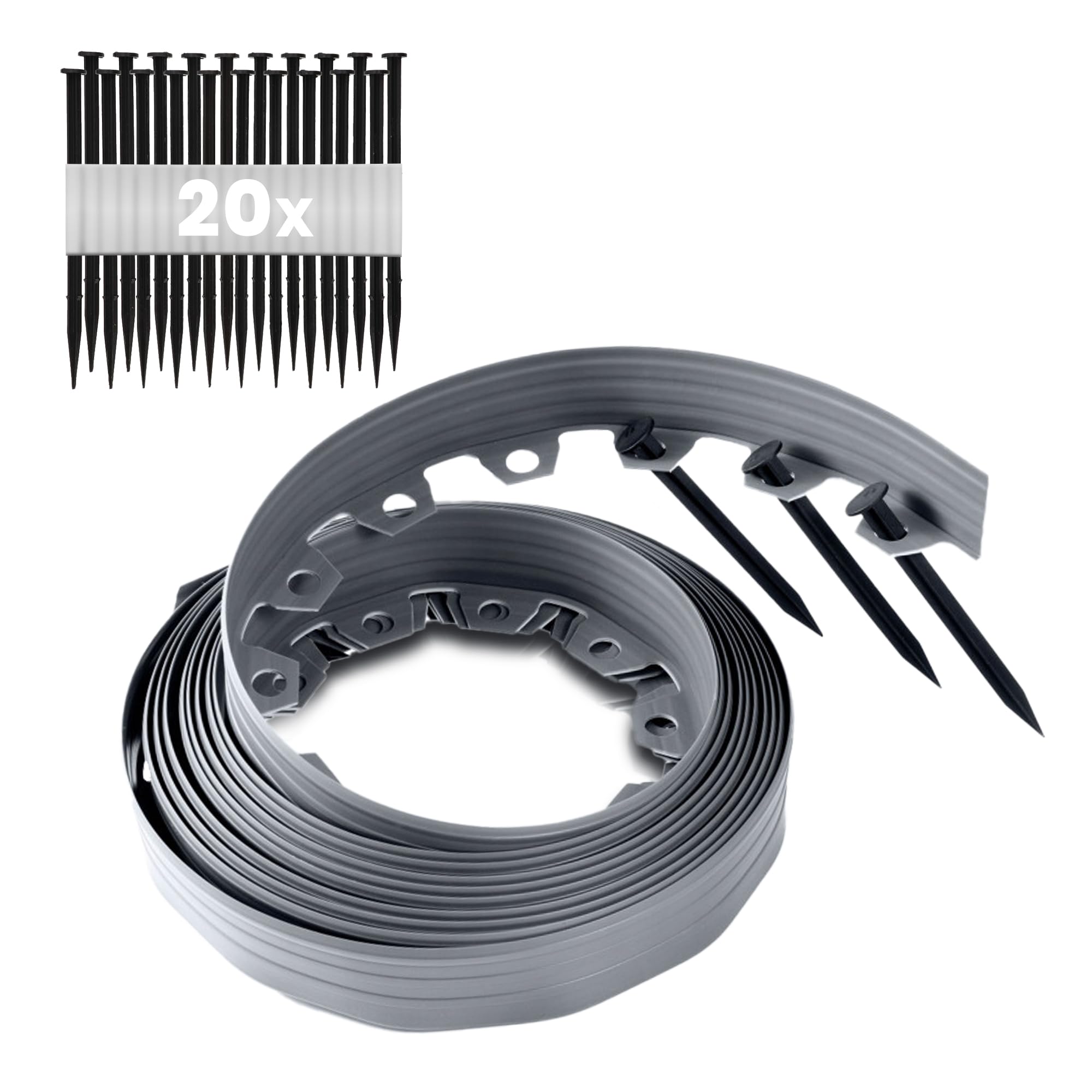 GARDENIX Flexible Plastic Lawn Edging, Weather-Resistant Lawn Edging, Flower Bed Edging, Round, Flower Bed Border, Grey, 10 m, 20 Ground Anchors, 10 cm Height