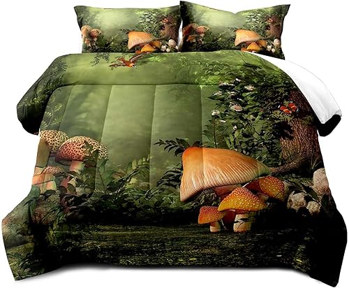 Miniatura 2 de LUVIVIHOME Juego de edredón de 3 piezas de hongos, tamaño King, ropa de cama para adolescentes, niños y niñas, fantasía, bosque encantado, país de